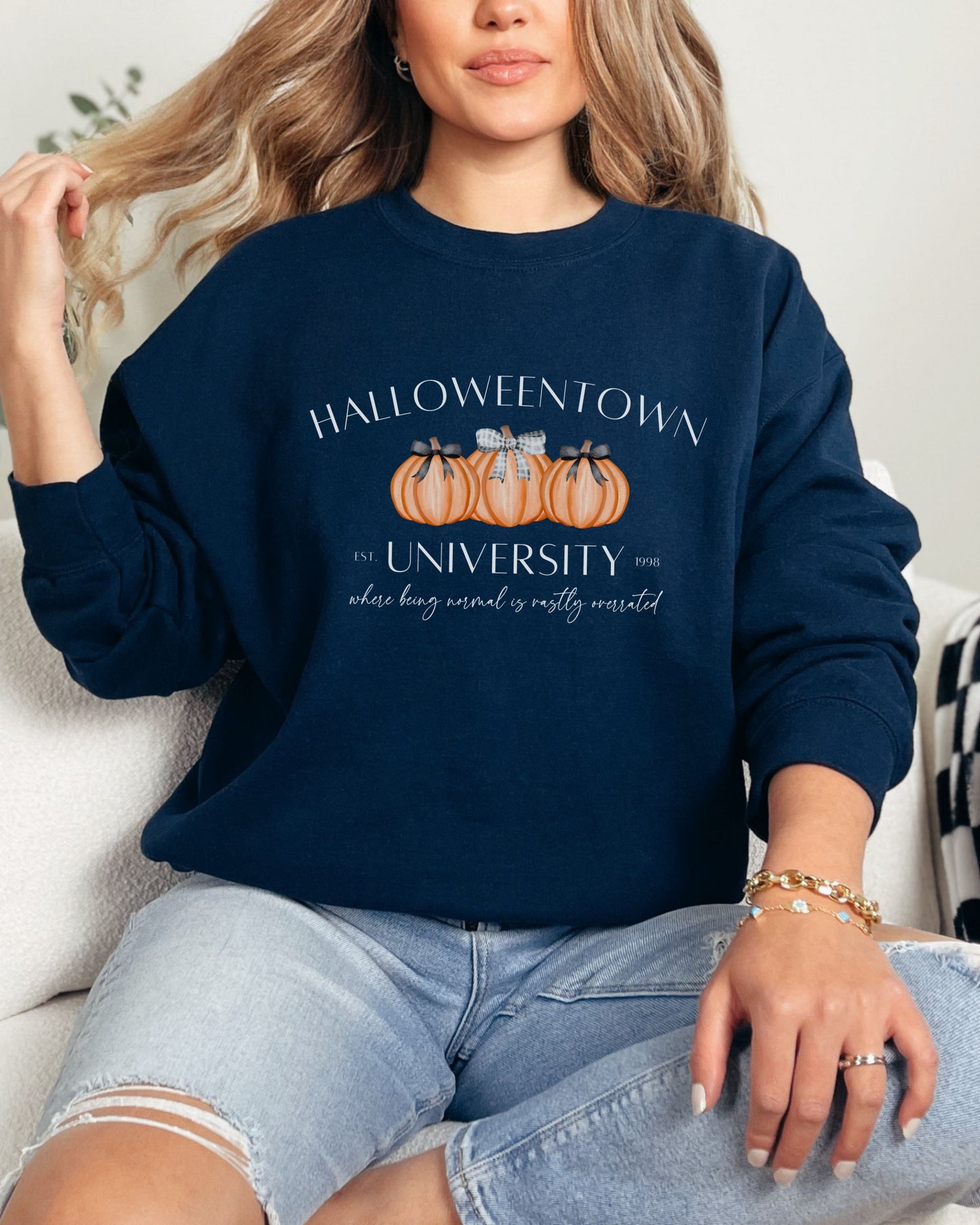 Halloweentown University Sweatshirt – Gildan Crewneck with Coquette Pumpkins