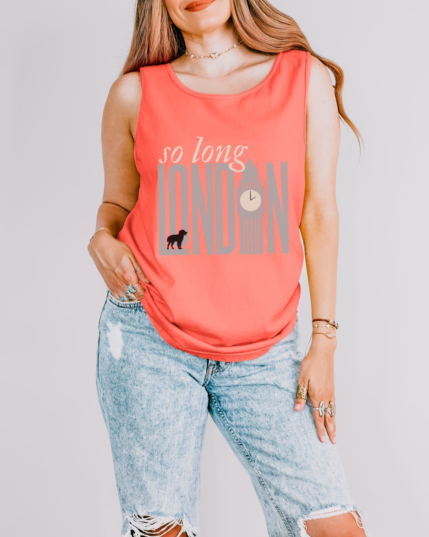 So Long London Tank Top – Comfort Colors with Dog & Clock Graphic