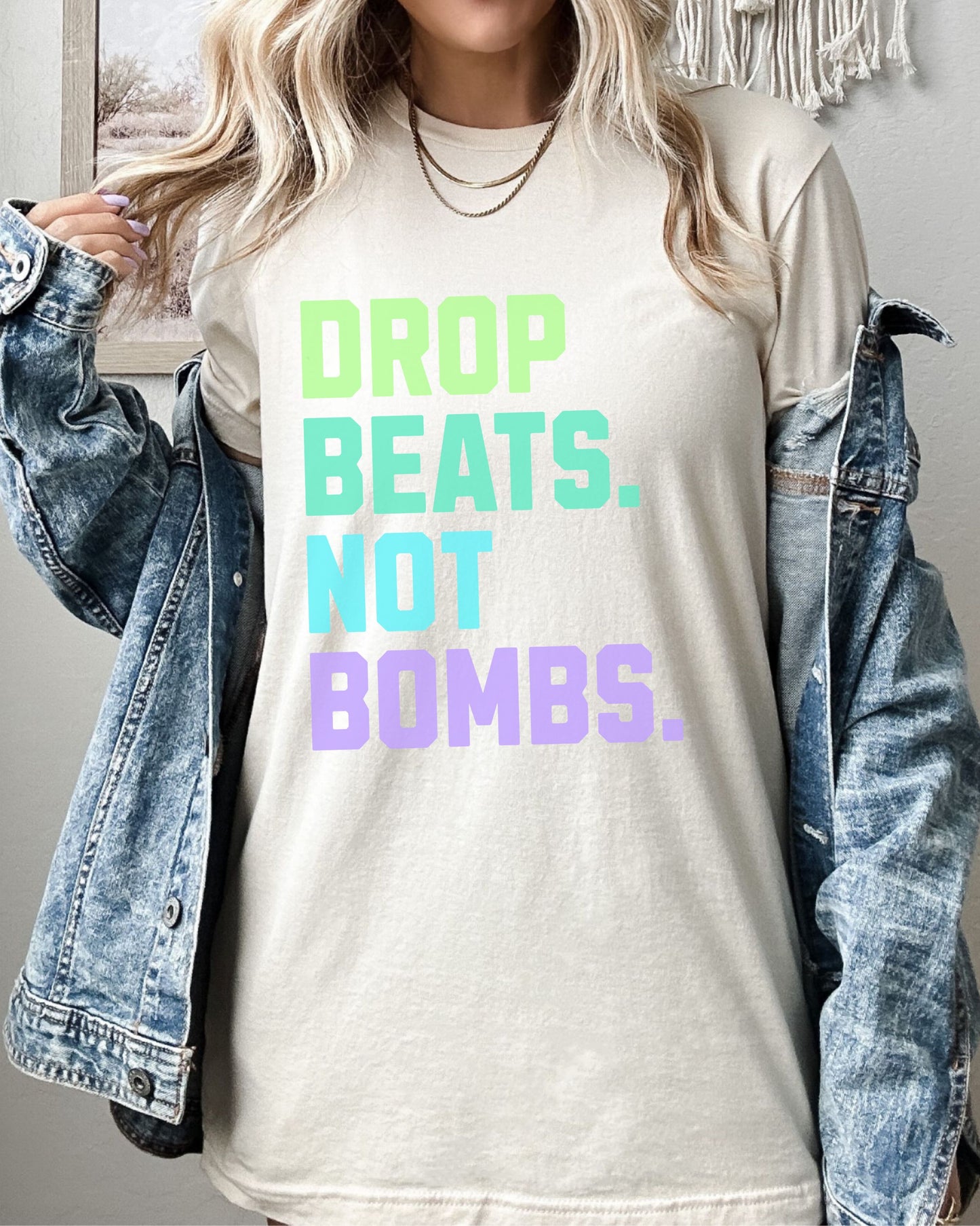 Drop Beats Not Bombs T-Shirt – Bella + Canvas Colorful Peace Music Tee