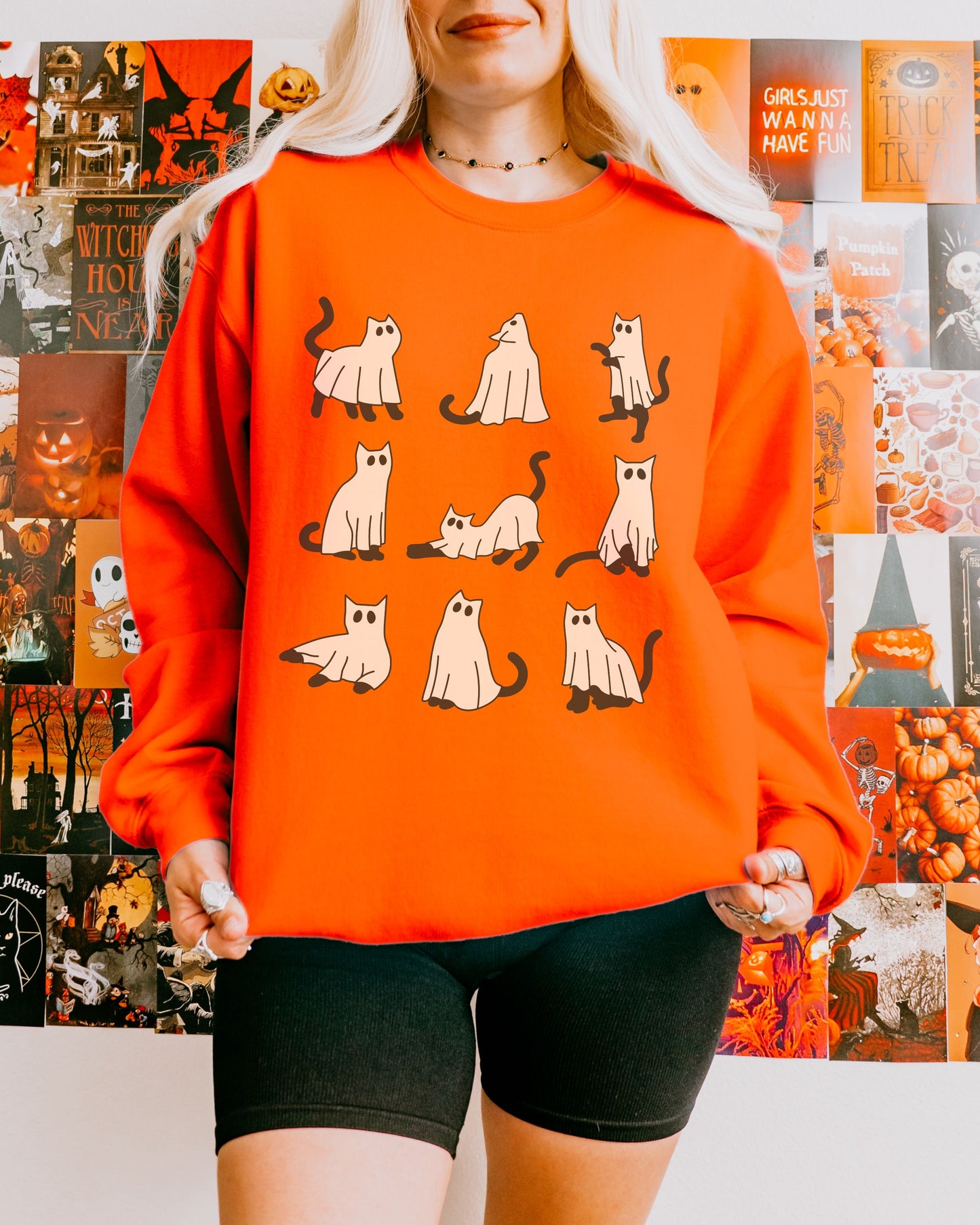 Cute Ghost Cats Sweatshirt – Halloween Cat Graphic Crewneck
