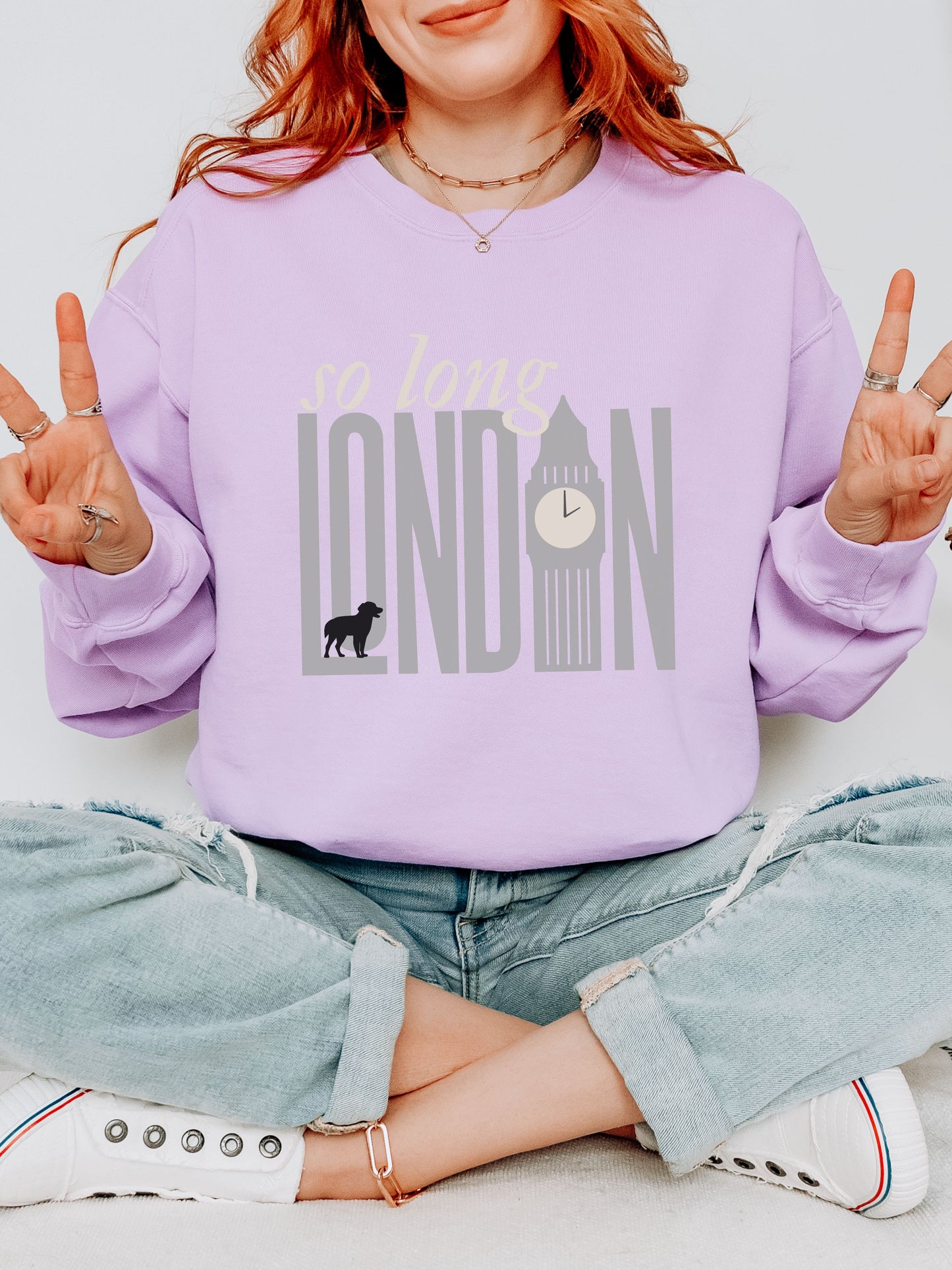 So Long London Sweatshirt – Comfort Colors Crewneck with Dog & Clock Graphic