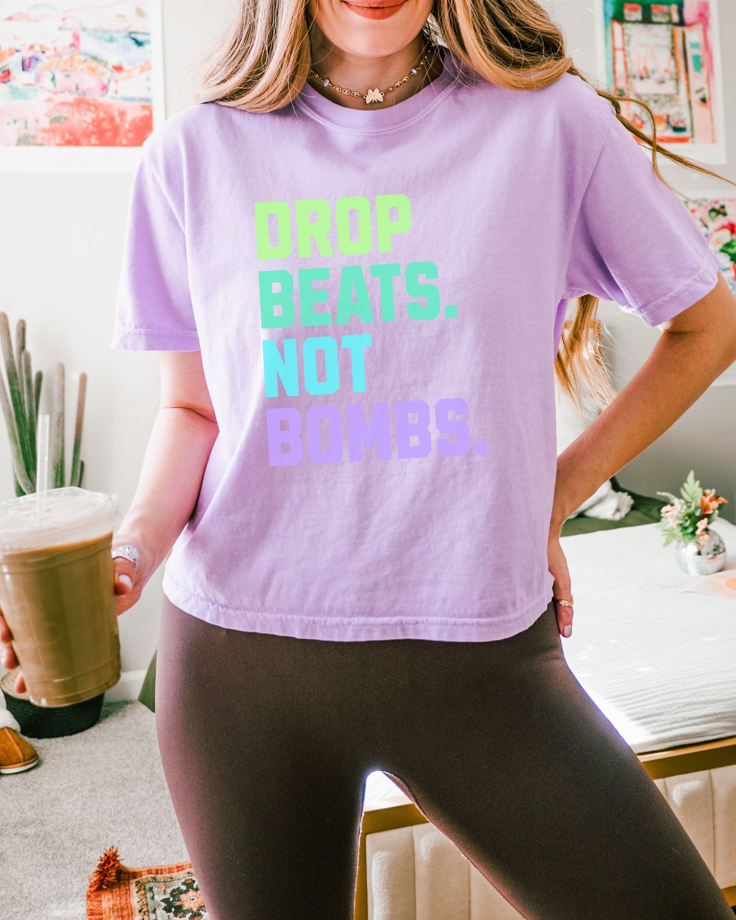 Drop Beats Not Bombs Crop Top – Comfort Colors Colorful Peace Music Tee