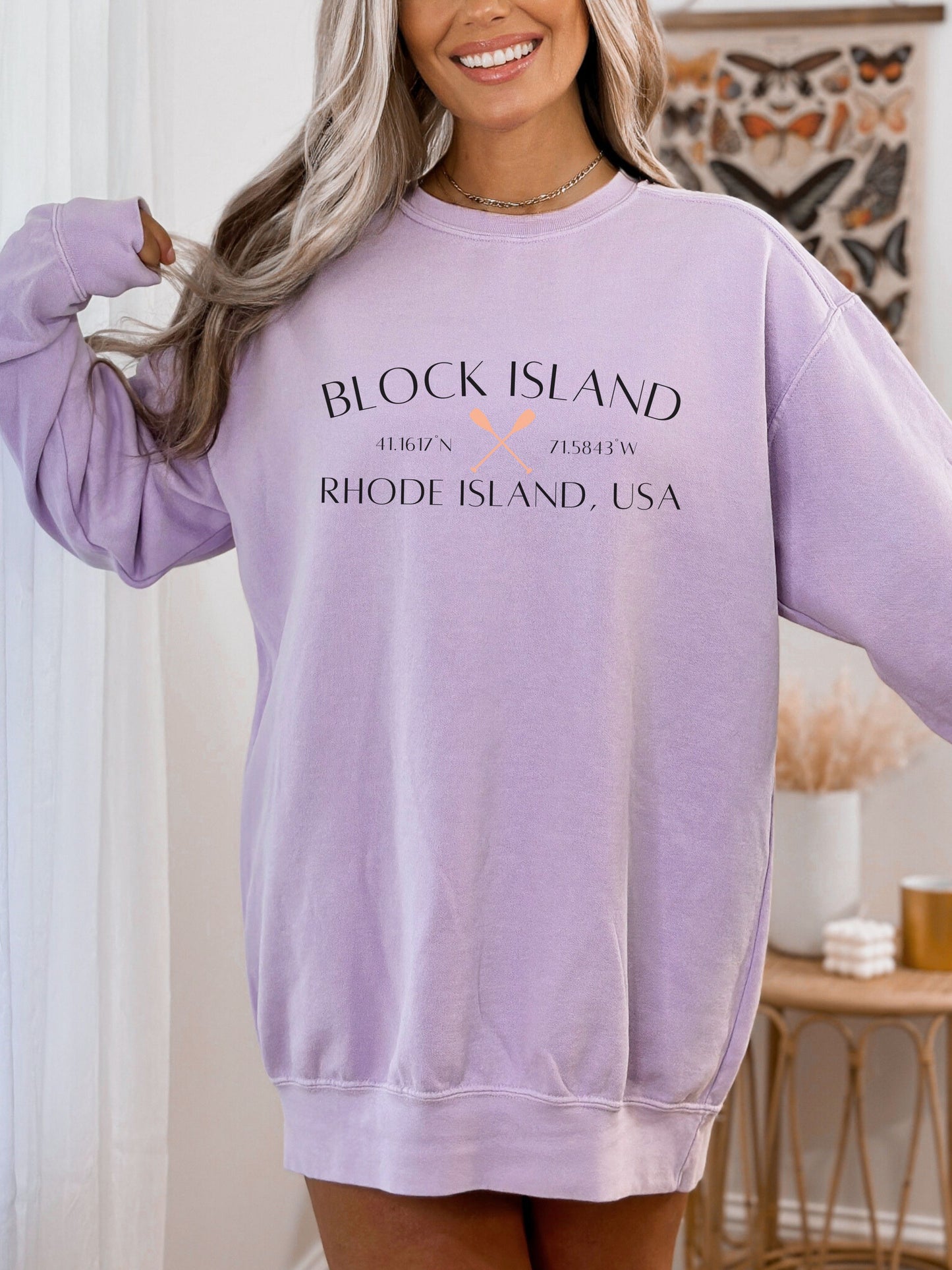 Block Island Rhode Island Sweatshirt – Comfort Colors Crewneck with Crossed Paddles & Coordinates