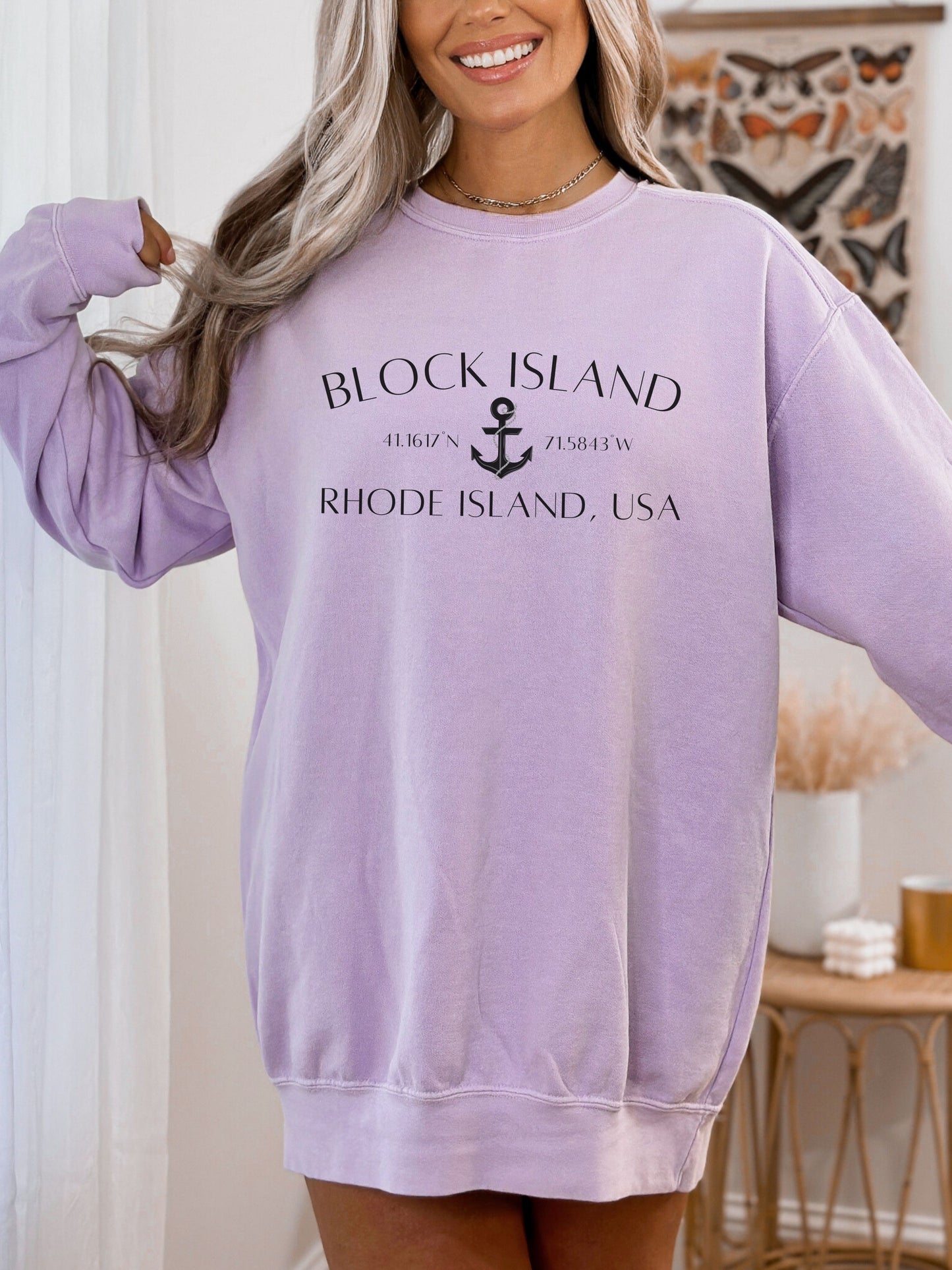 Block Island Rhode Island Sweatshirt – Comfort Colors Crewneck with Anchor & Coordinates