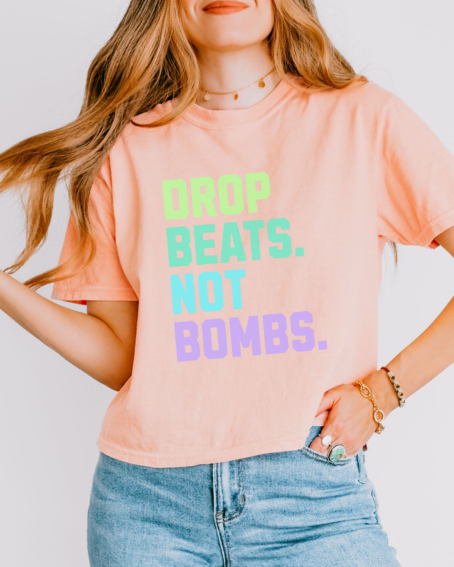 Drop Beats Not Bombs Crop Top – Comfort Colors Colorful Peace Music Tee