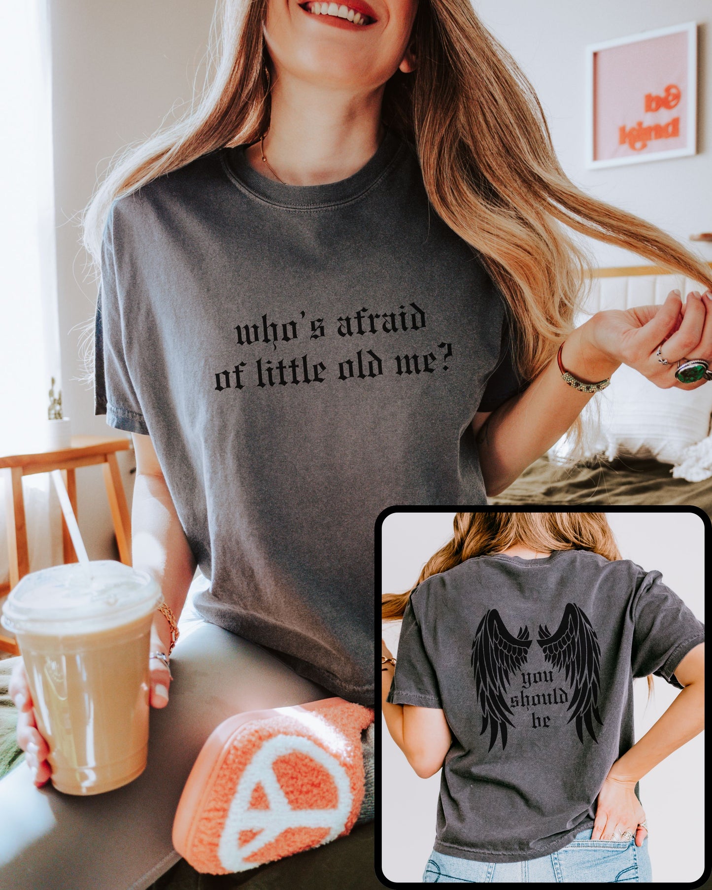 woman wearing comfort colors crop top in pepper gray with who’s afraid of little old me text on front and wings with you should be on back