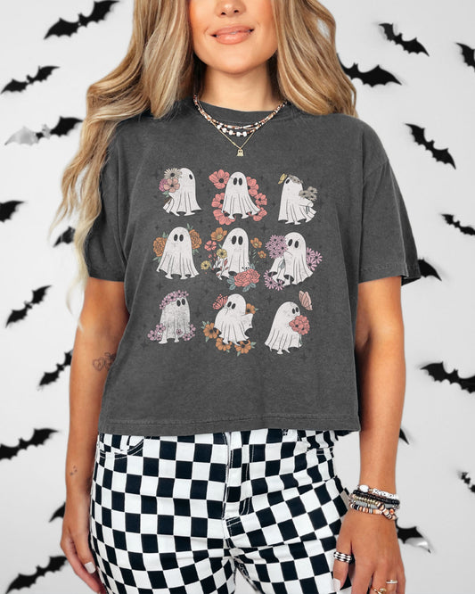 Ghosts & Flowers Distressed Crop Top – Comfort Colors Cottagecore Tee