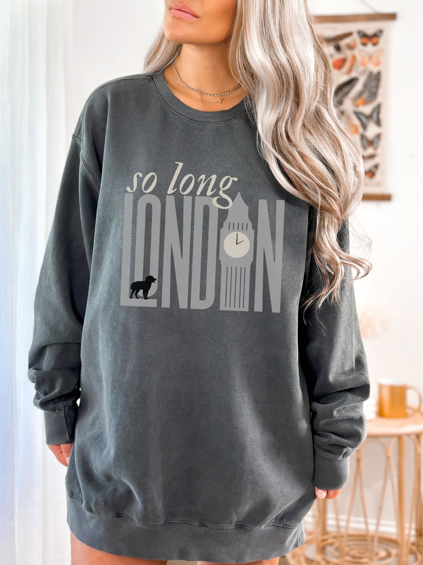 So Long London Sweatshirt – Comfort Colors Crewneck with Dog & Clock Graphic
