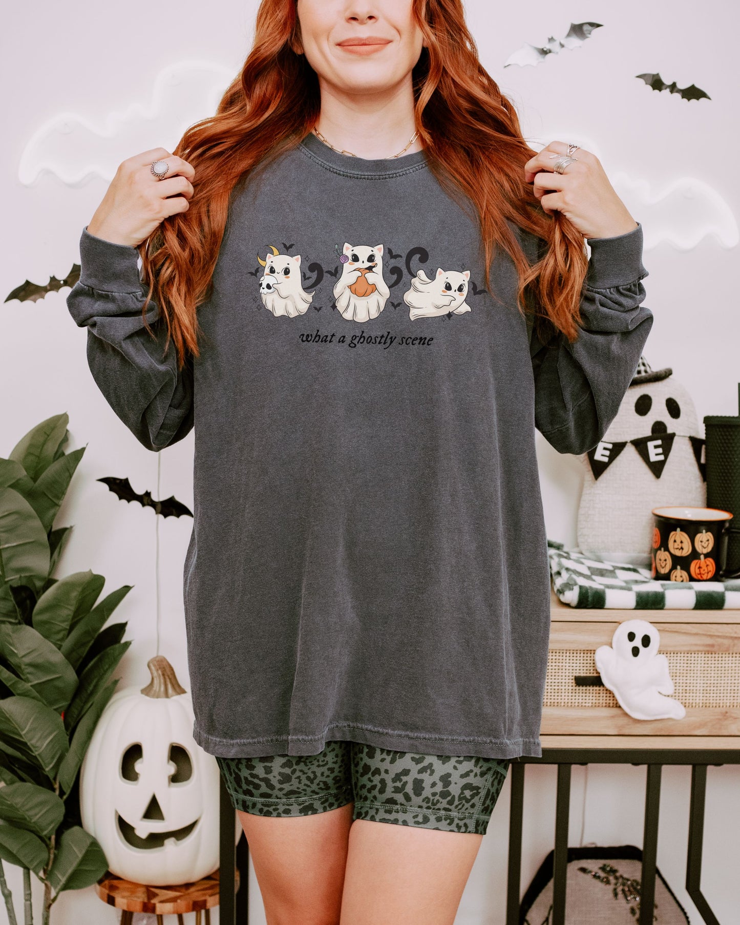 What a Ghostly Scene Long Sleeve Shirt – Comfort Colors with Cute Ghost Cats