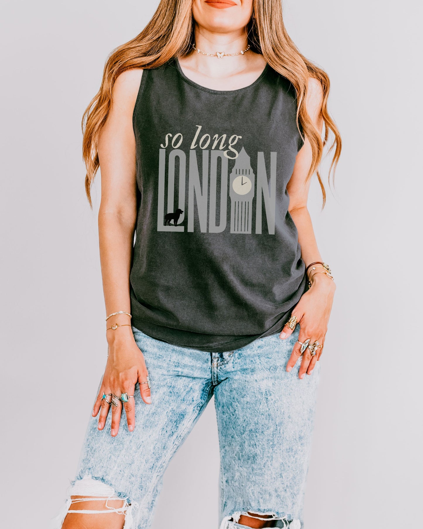 So Long London Tank Top – Comfort Colors with Dog & Clock Graphic