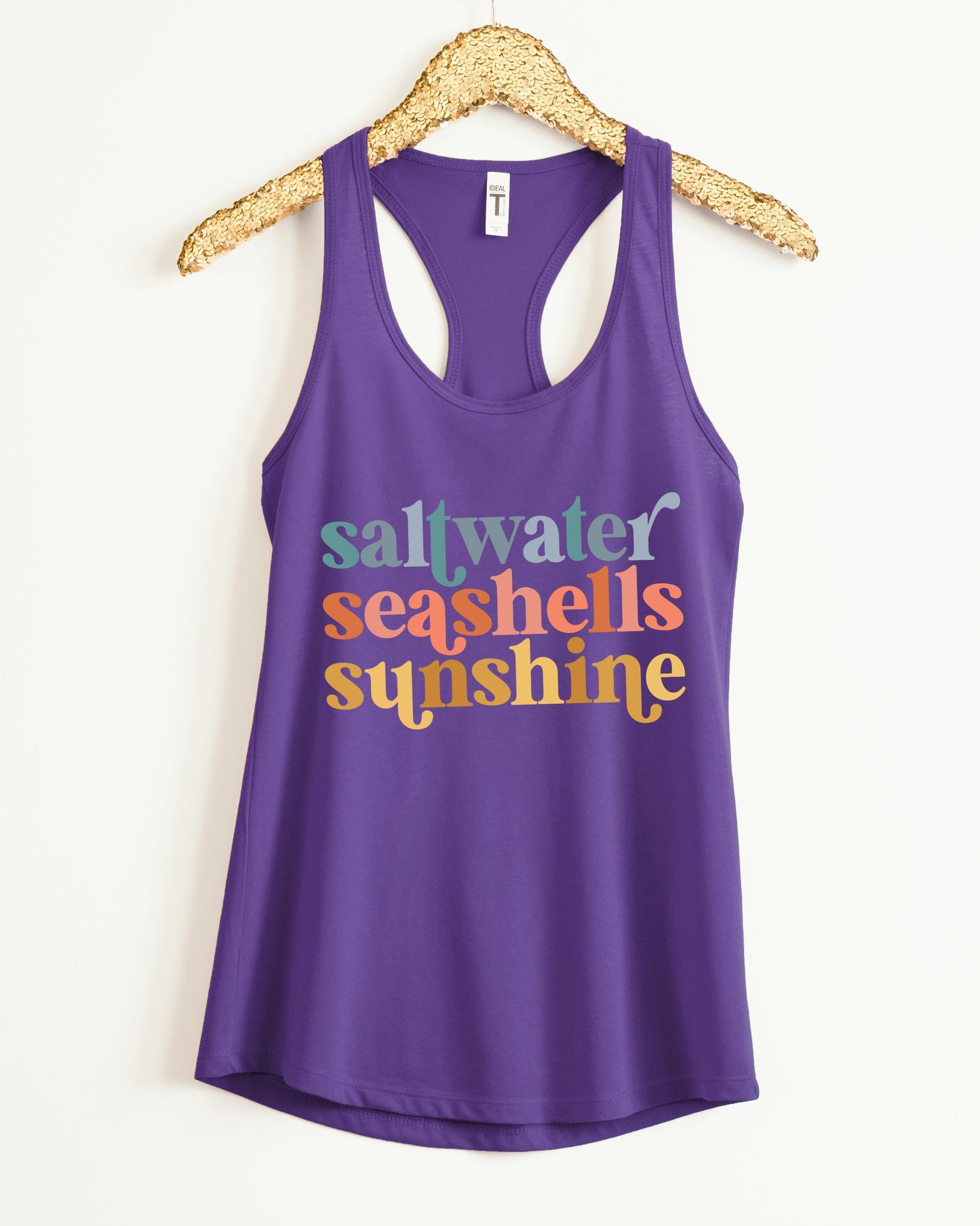 woman wearing summer tank top with saltwater seashells sunshine text