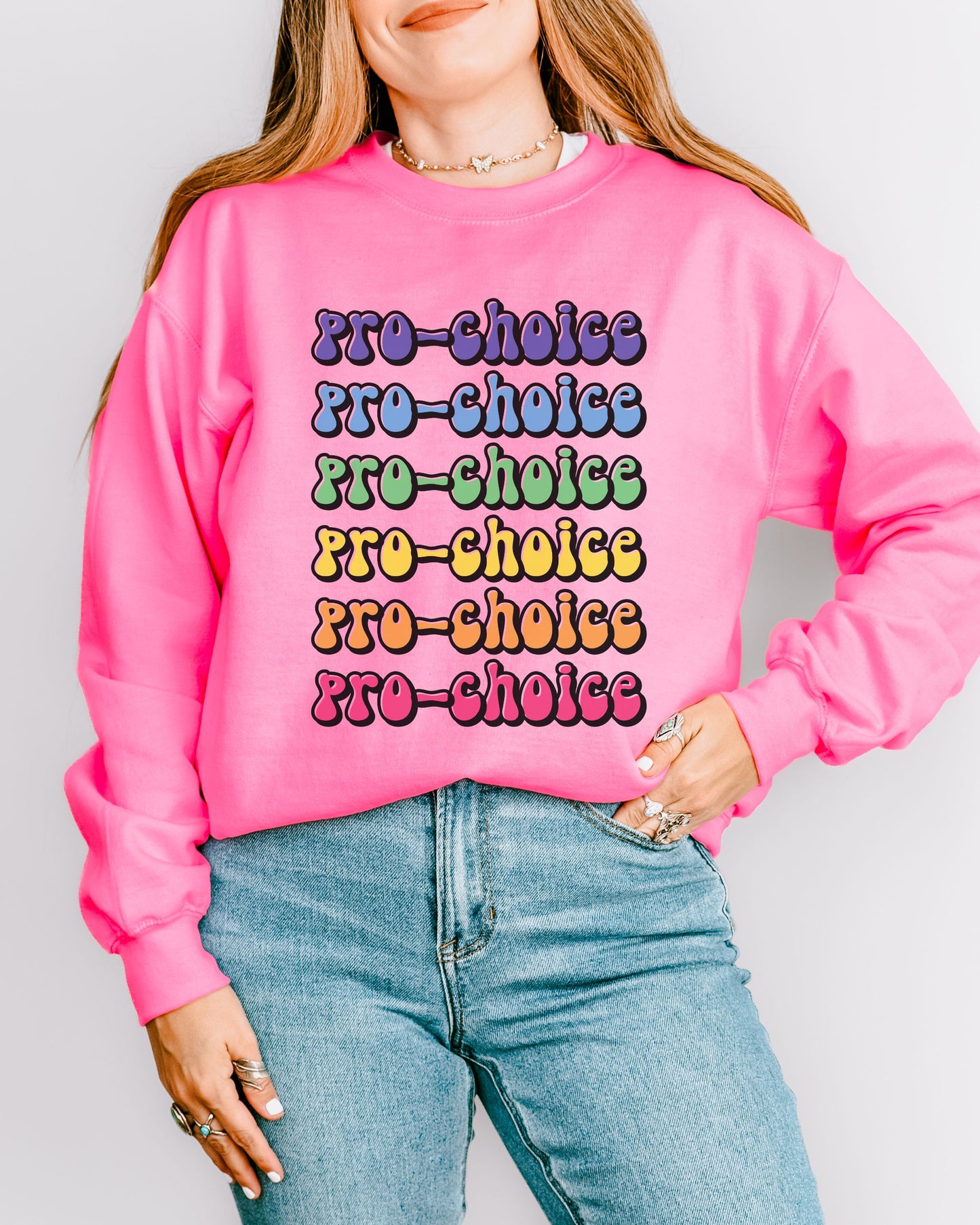 Pro-Choice Sweatshirt – Retro Rainbow Feminist Crewneck with Social Justice Statement