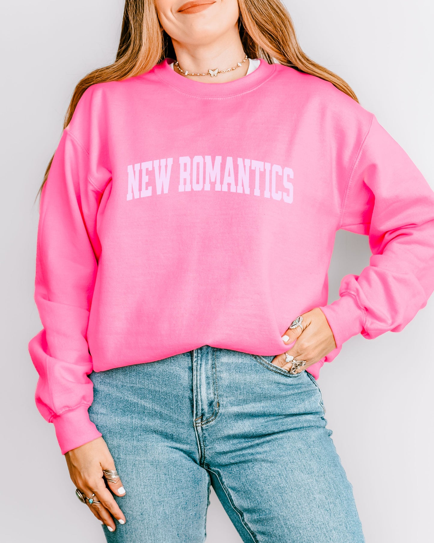 New Romantics Sweatshirt – Gildan Collegiate Font Graphic Crewneck
