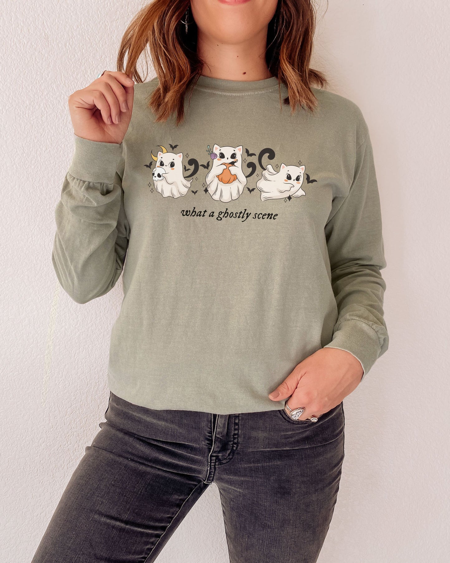 What a Ghostly Scene Long Sleeve Shirt – Comfort Colors with Cute Ghost Cats