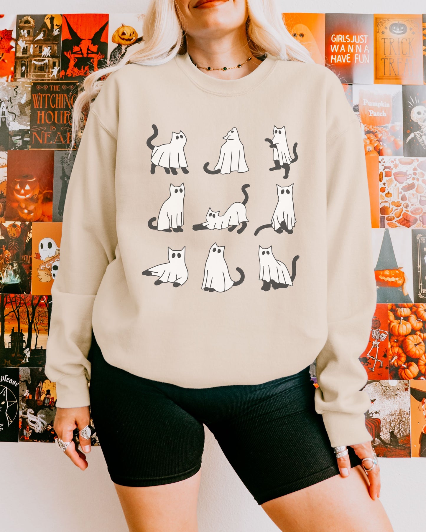 Cute Ghost Cats Sweatshirt – Halloween Cat Graphic Crewneck