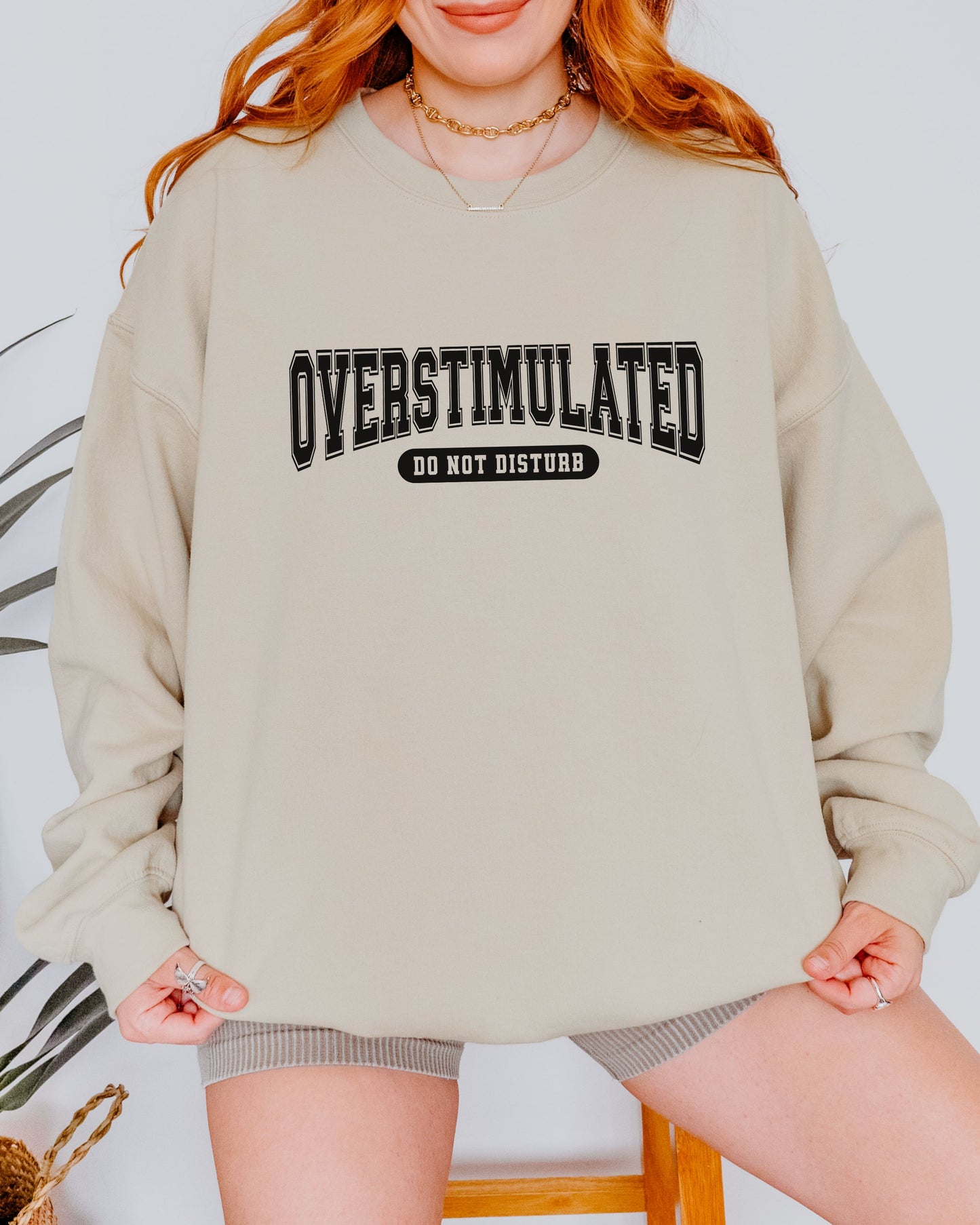Person wearing a beige sweatshirt with 'OVERSTIMULATED DO NOT DISTURB' text on a white background