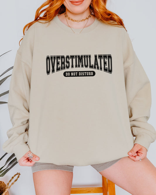 Person wearing a beige sweatshirt with 'OVERSTIMULATED DO NOT DISTURB' text on a white background