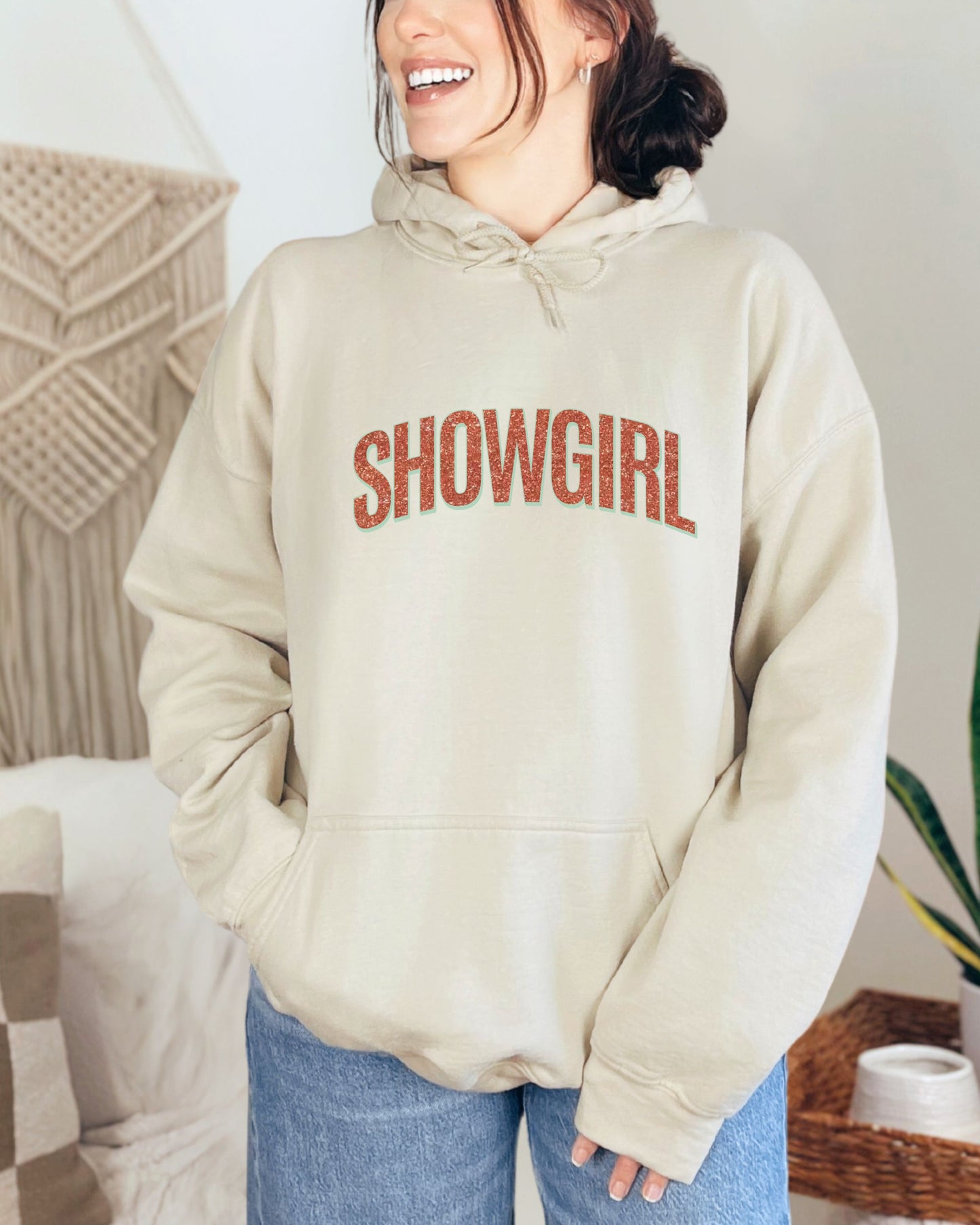 Showgirl Hoodie – Glitter-Effect Printed Vintage Graphic Pullover