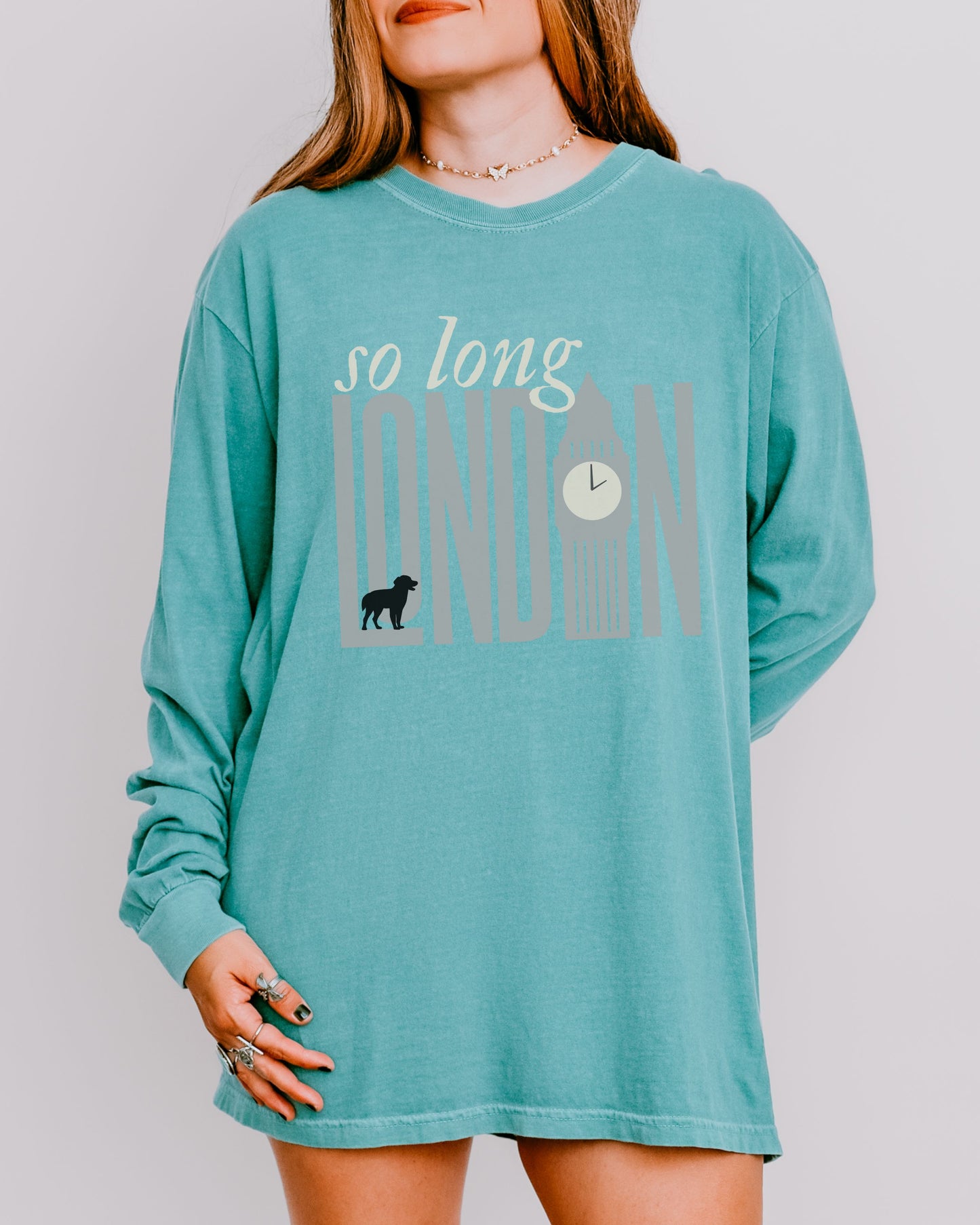 So Long London Long Sleeve Shirt – Comfort Colors Tee with Dog & Clock Graphic