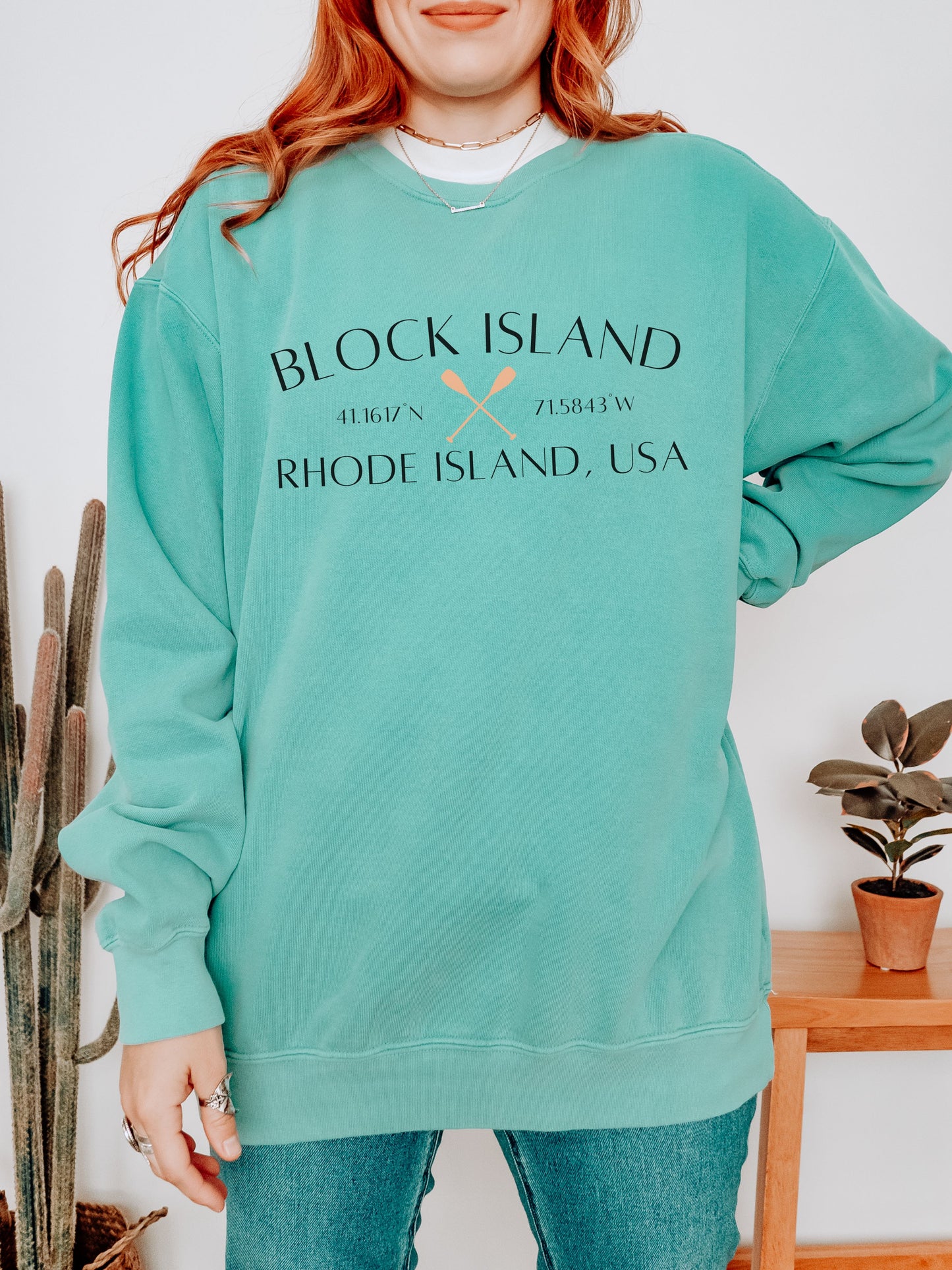 Block Island Rhode Island Sweatshirt – Comfort Colors Crewneck with Crossed Paddles & Coordinates
