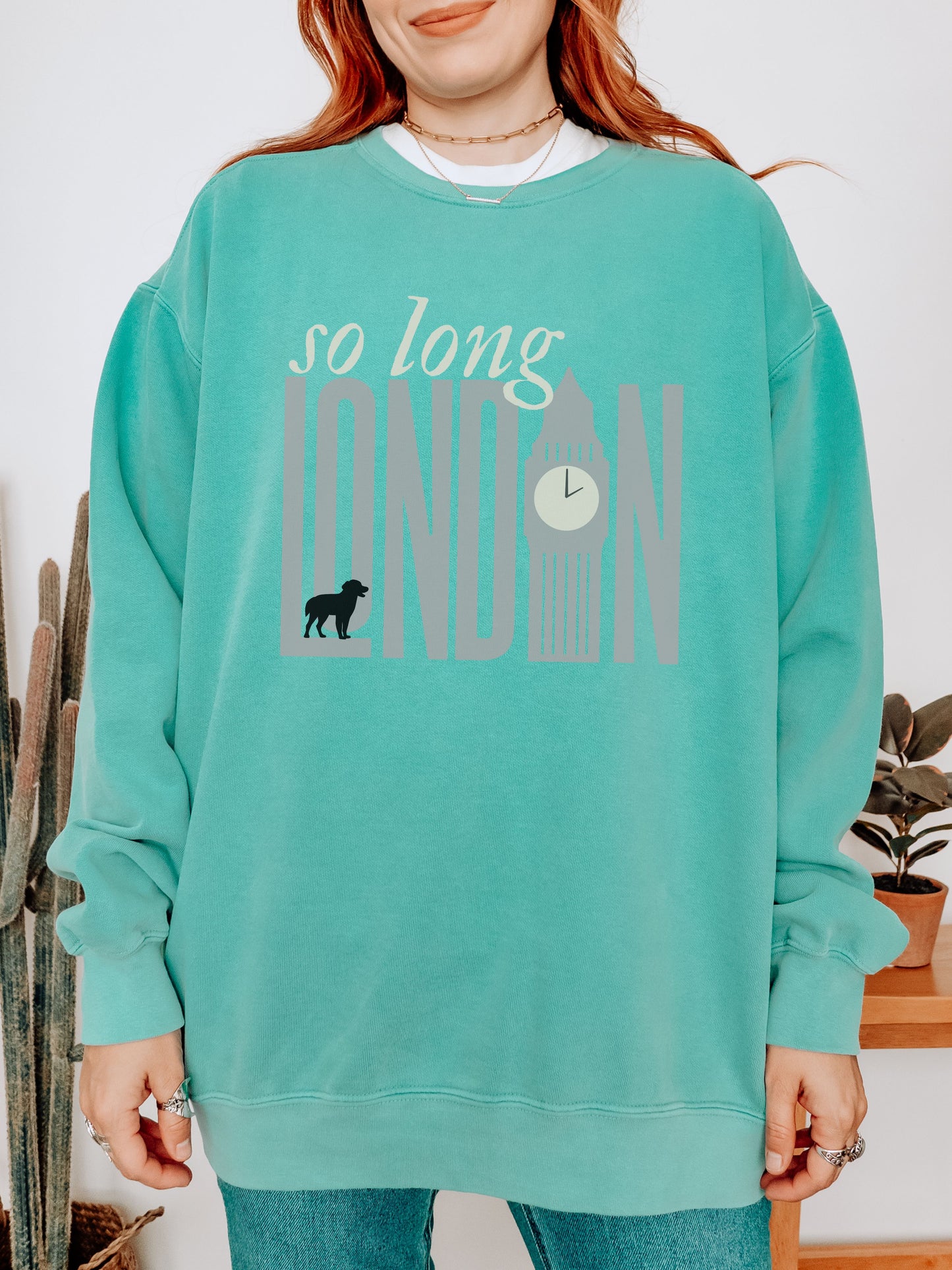 So Long London Sweatshirt – Comfort Colors Crewneck with Dog & Clock Graphic