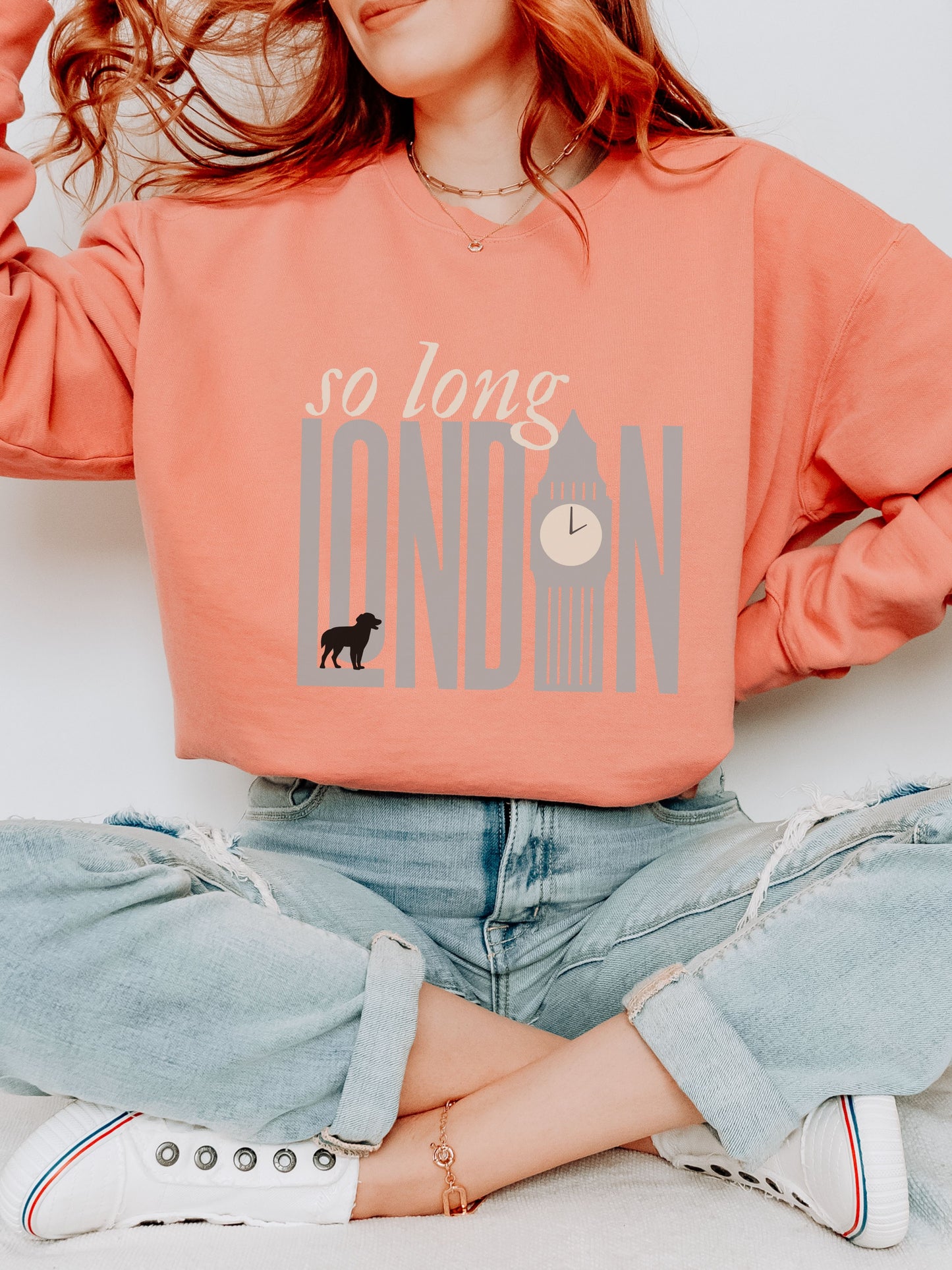 So Long London Sweatshirt – Comfort Colors Crewneck with Dog & Clock Graphic
