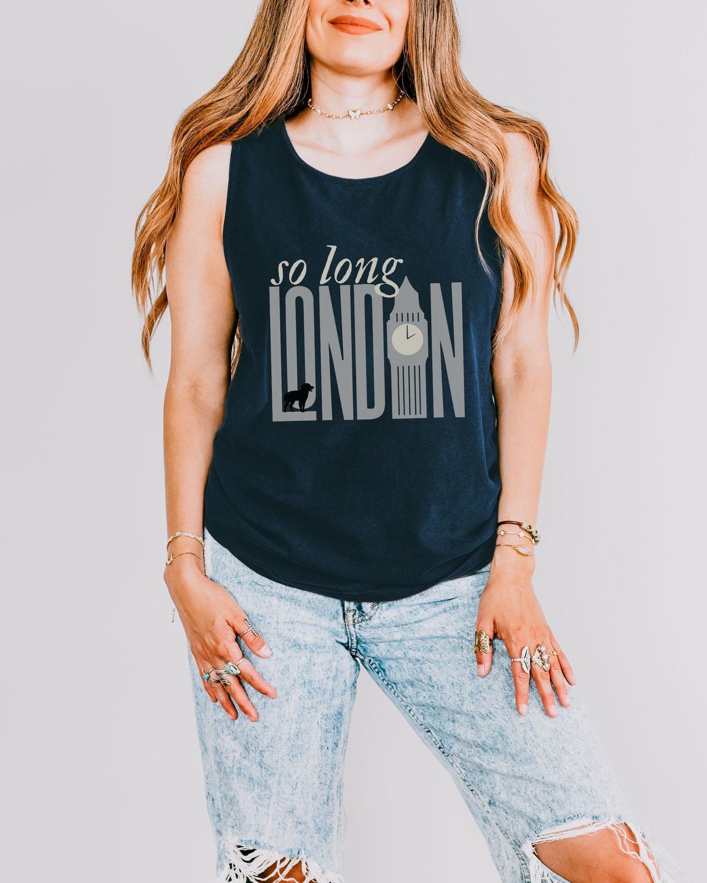 So Long London Tank Top – Comfort Colors with Dog & Clock Graphic