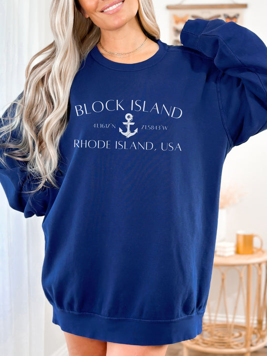 Block Island Rhode Island Sweatshirt – Comfort Colors Crewneck with Anchor & Coordinates