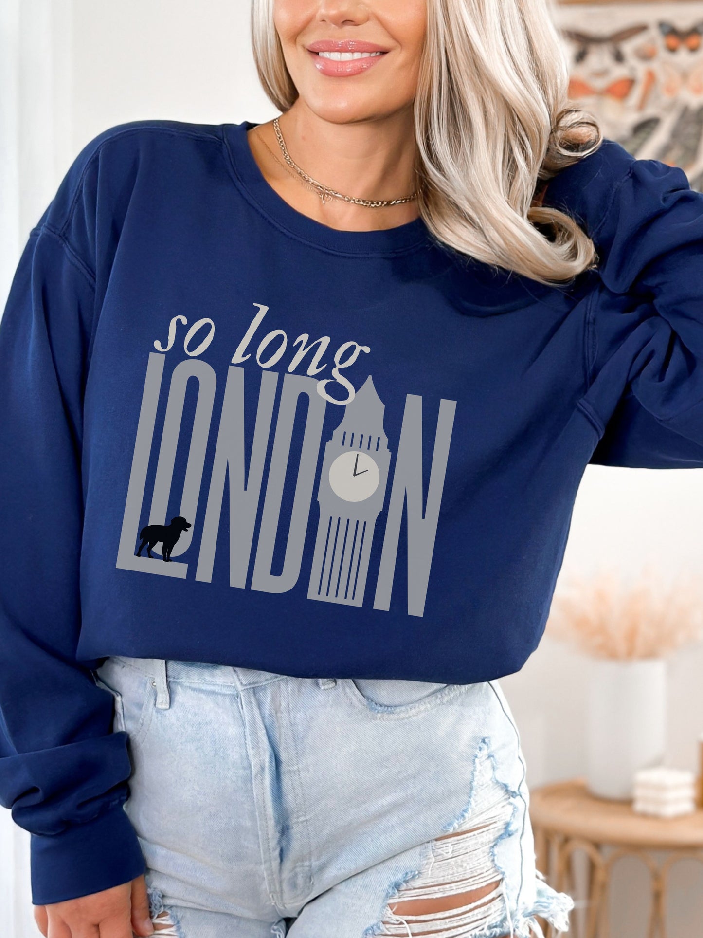 So Long London Sweatshirt – Comfort Colors Crewneck with Dog & Clock Graphic