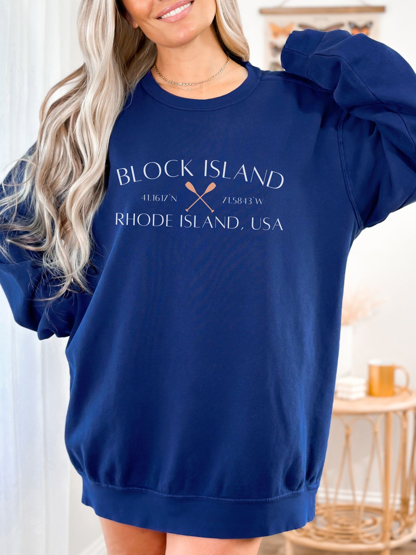Block Island Rhode Island Sweatshirt – Comfort Colors Crewneck with Crossed Paddles & Coordinates