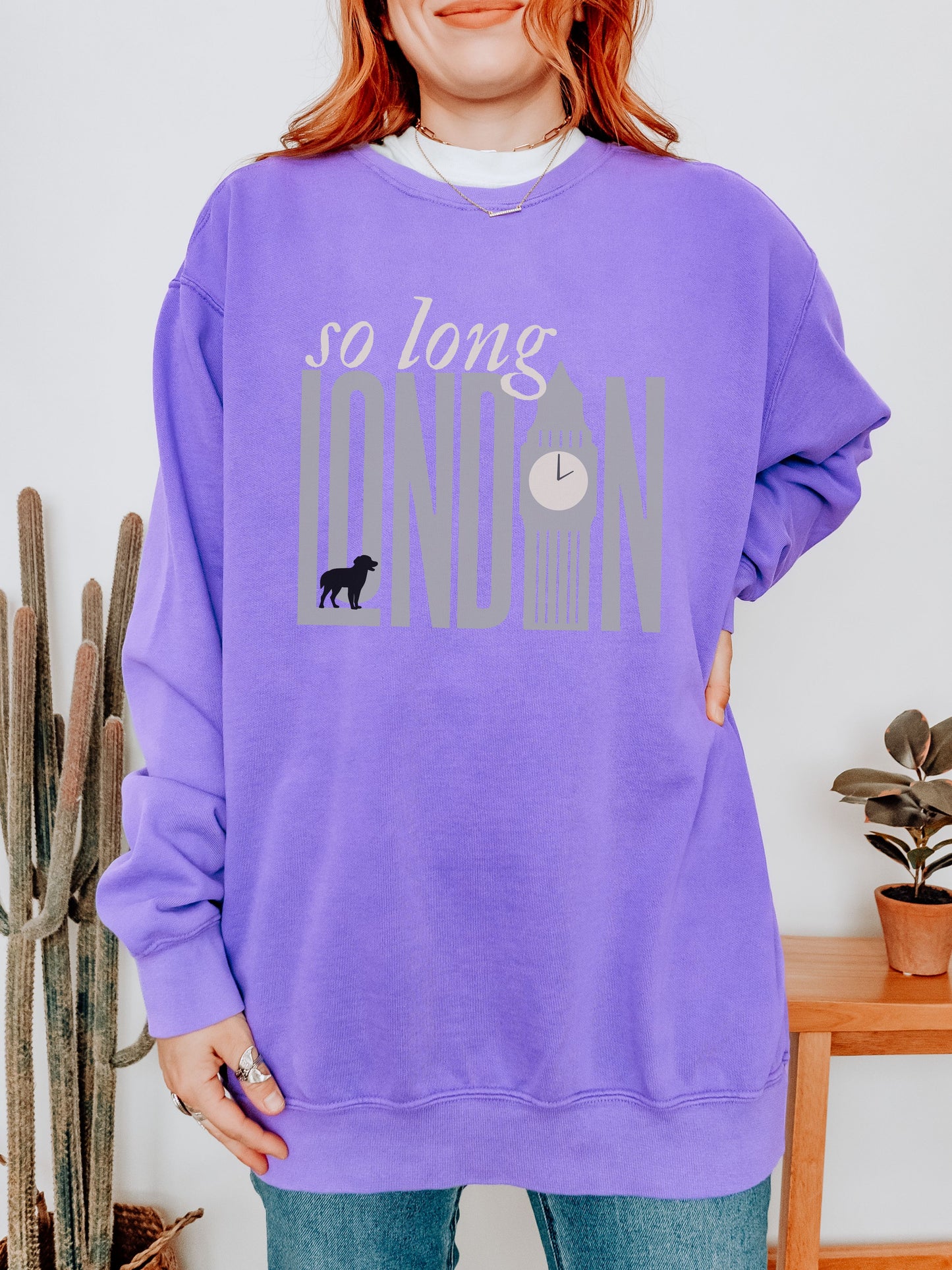 So Long London Sweatshirt – Comfort Colors Crewneck with Dog & Clock Graphic