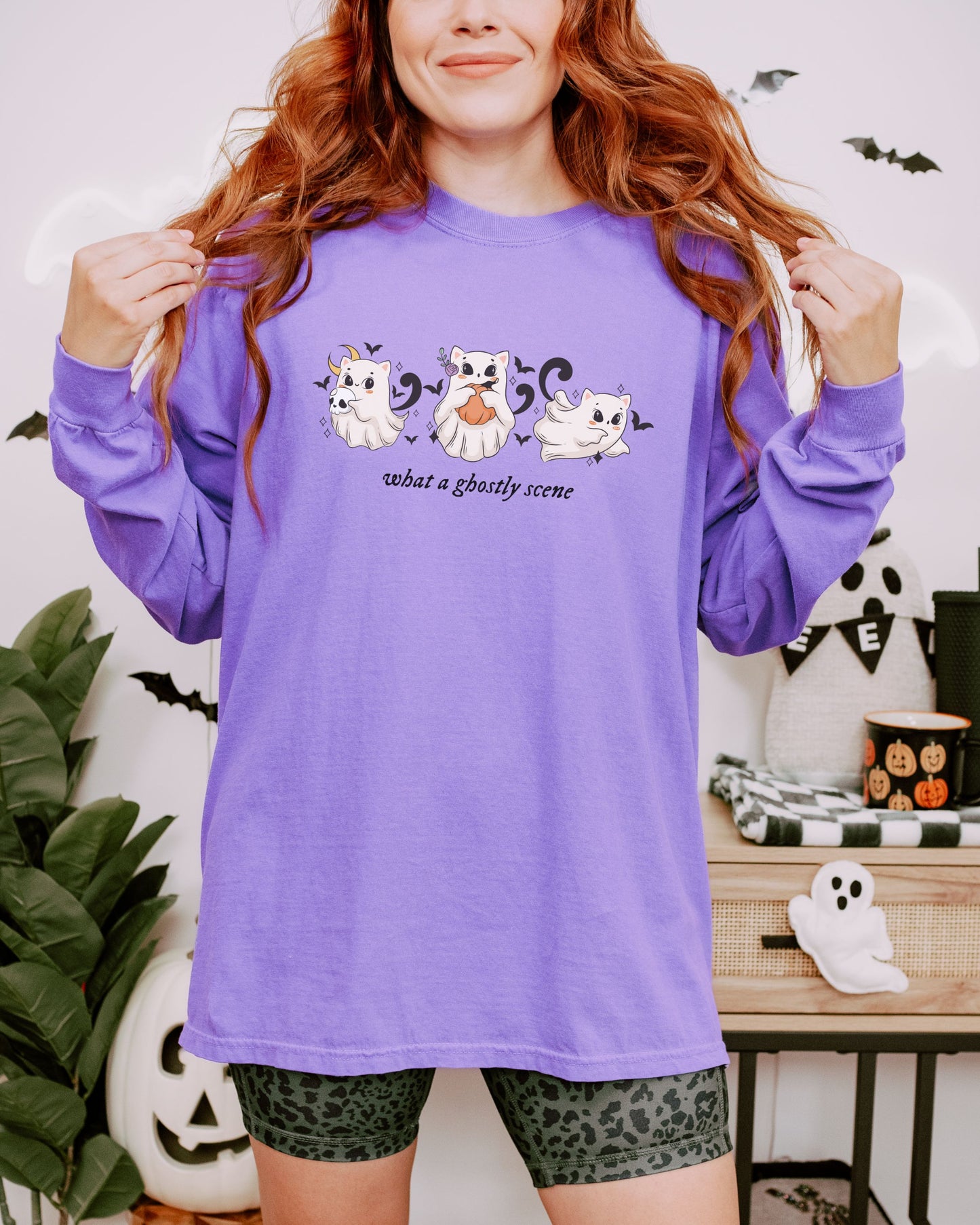 What a Ghostly Scene Long Sleeve Shirt – Comfort Colors with Cute Ghost Cats