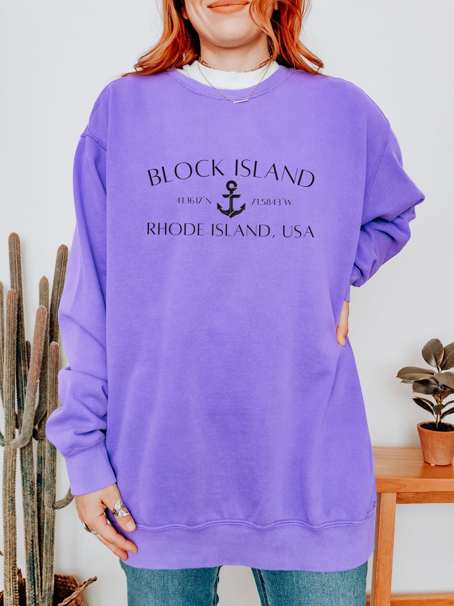 Block Island Rhode Island Sweatshirt – Comfort Colors Crewneck with Anchor & Coordinates