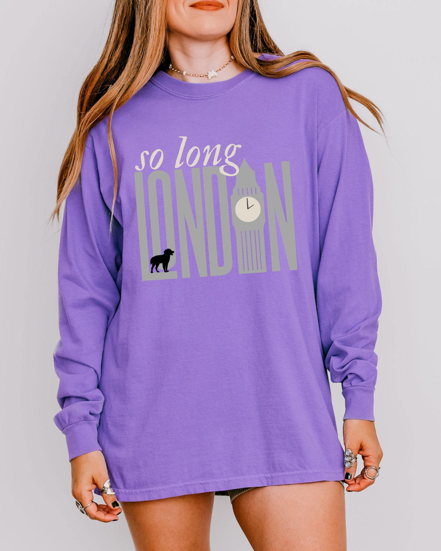 So Long London Long Sleeve Shirt – Comfort Colors Tee with Dog & Clock Graphic