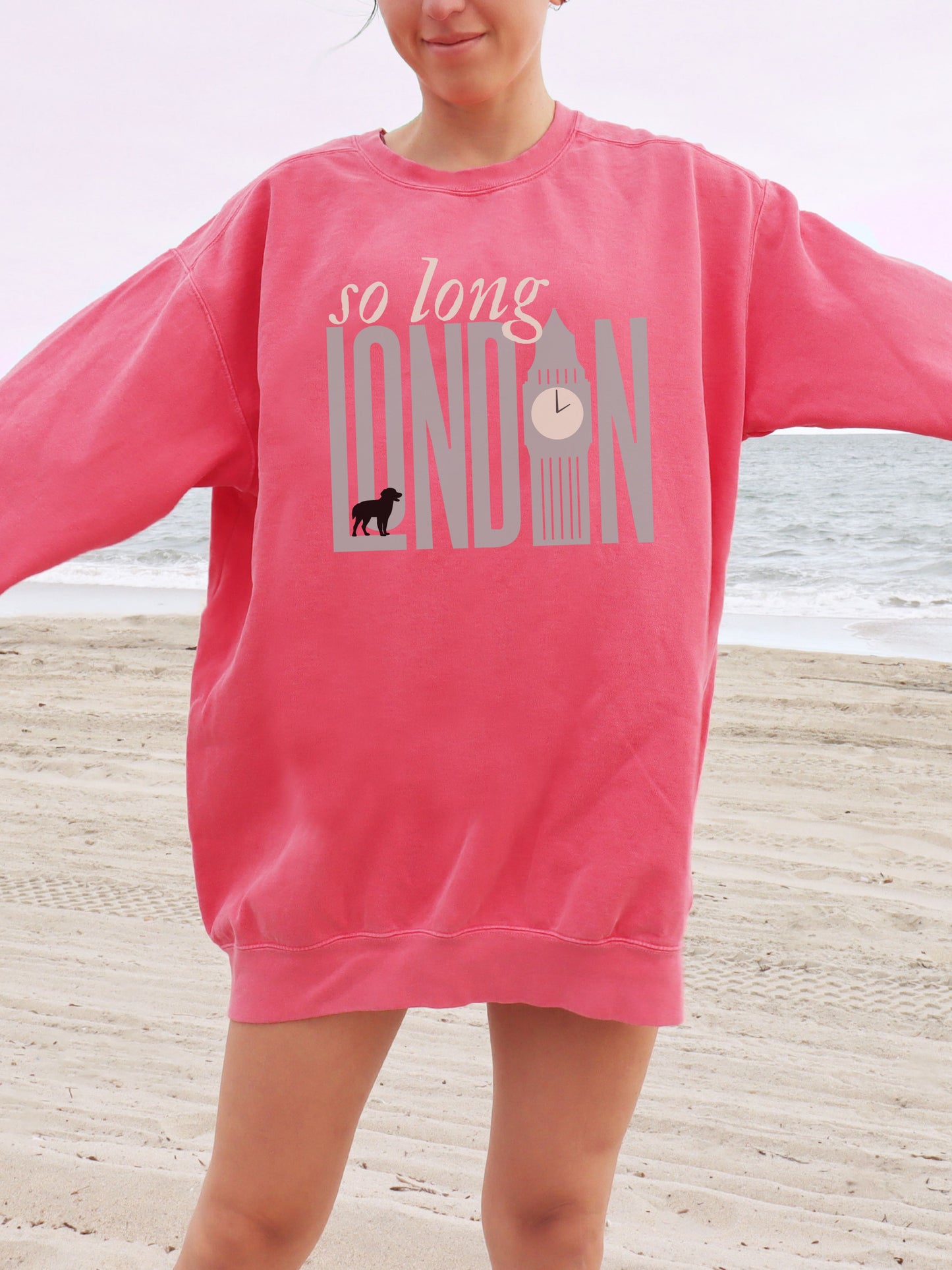 So Long London Sweatshirt – Comfort Colors Crewneck with Dog & Clock Graphic