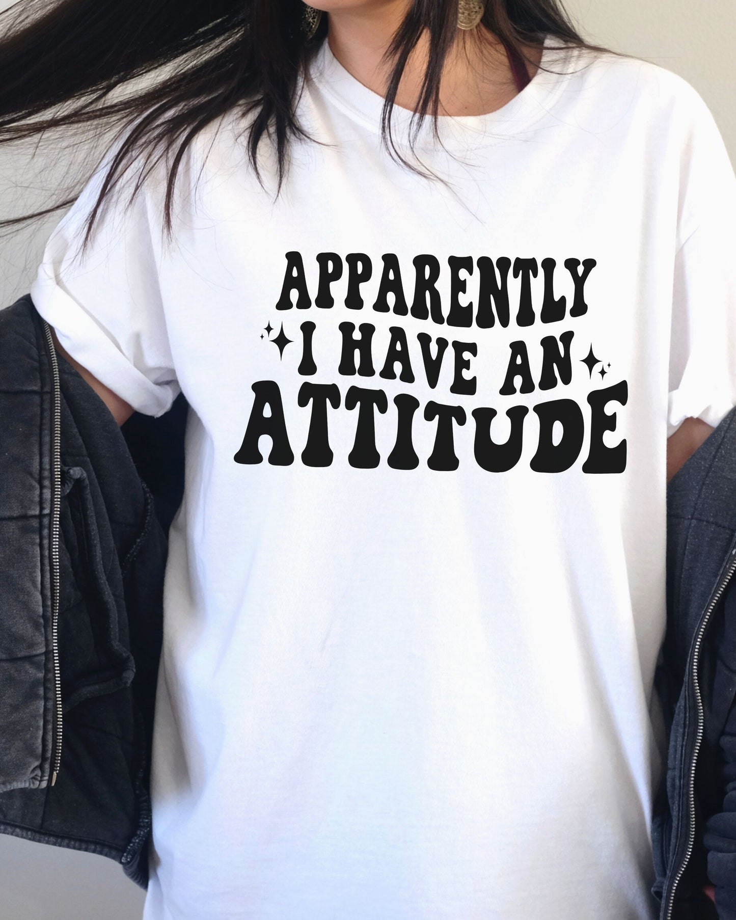woman wearing sarcastic graphic tee printed on White color Comfort Colors tee with attitude message in retro wavy font