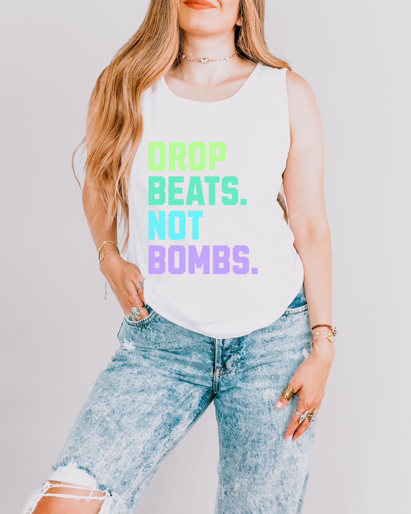 Drop Beats Not Bombs Tank Top – Comfort Colors Colorful Peace Music Tee