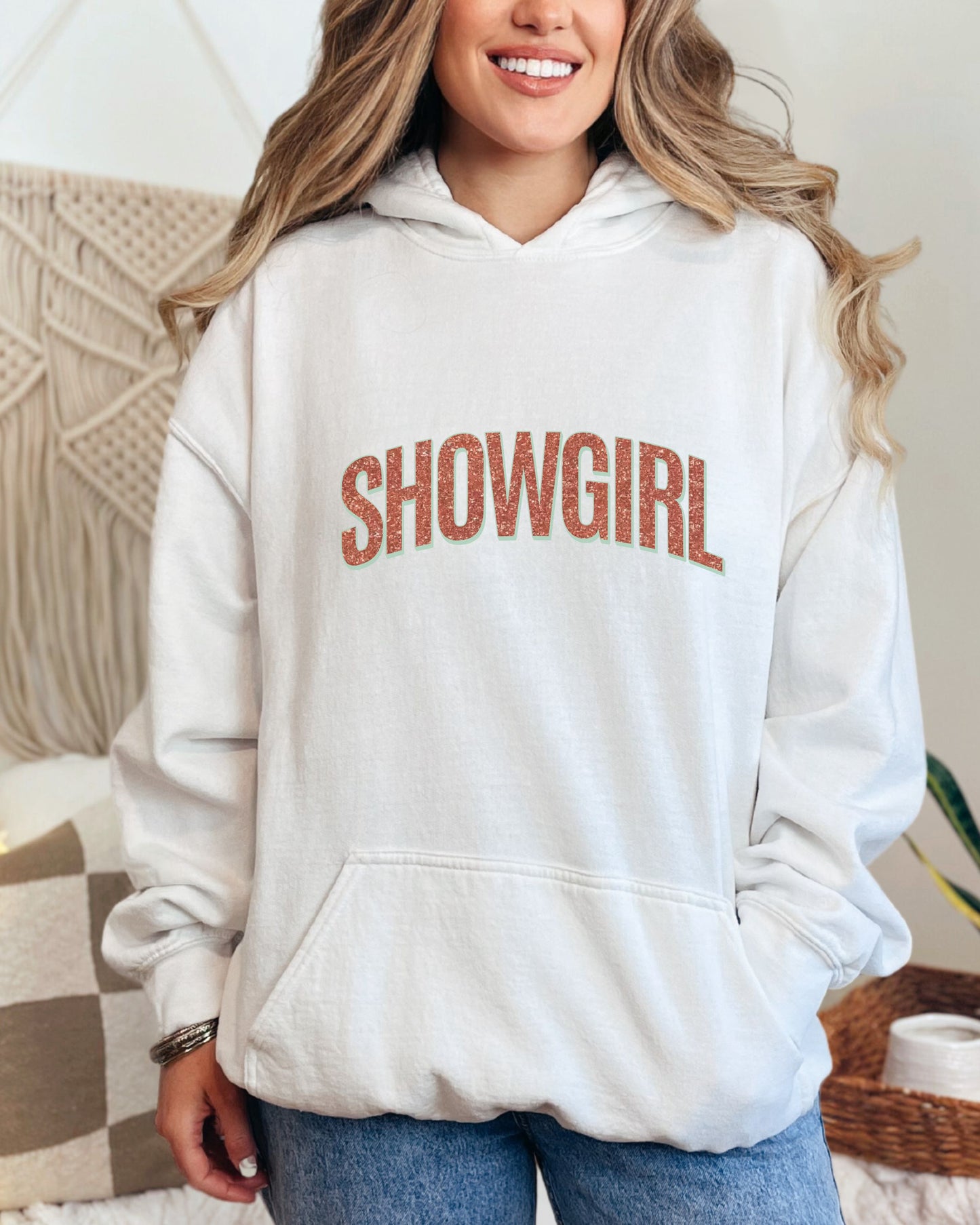Showgirl Hoodie – Glitter-Effect Printed Vintage Graphic Pullover