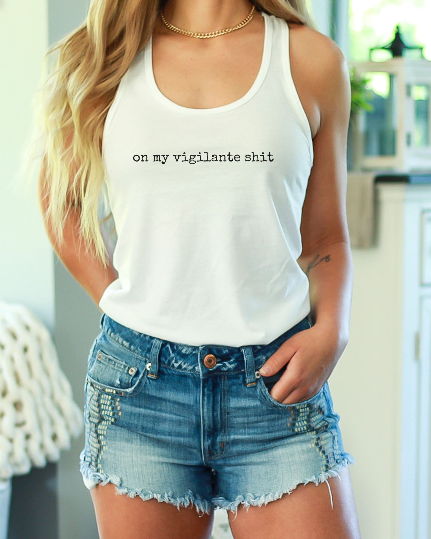 On My Vigilante Shit Tank Top – Next Level Slim Fit Racerback