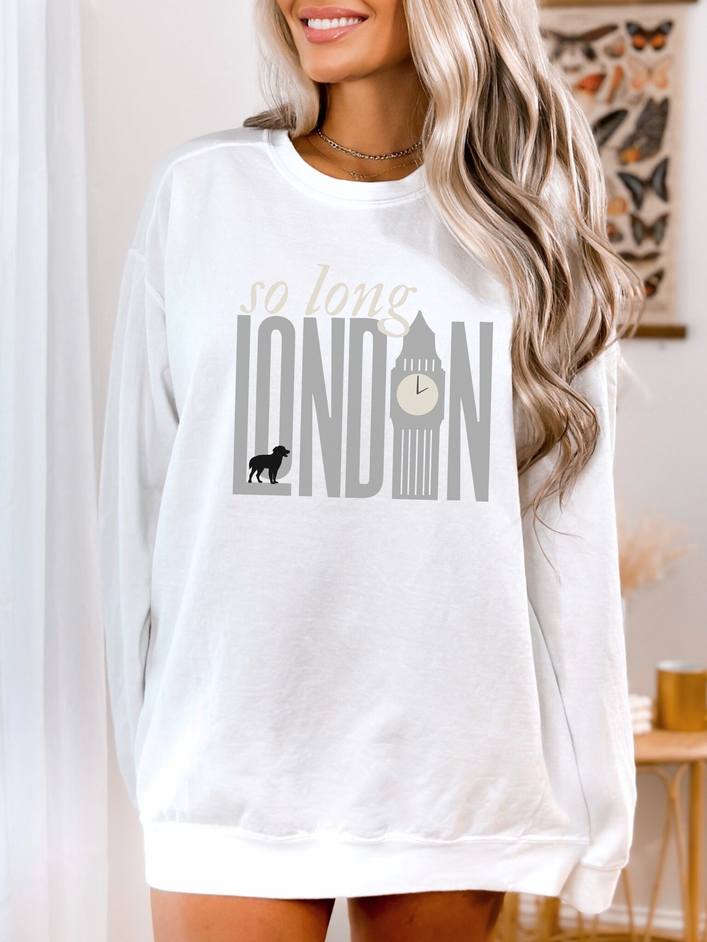 So Long London Sweatshirt – Comfort Colors Crewneck with Dog & Clock Graphic