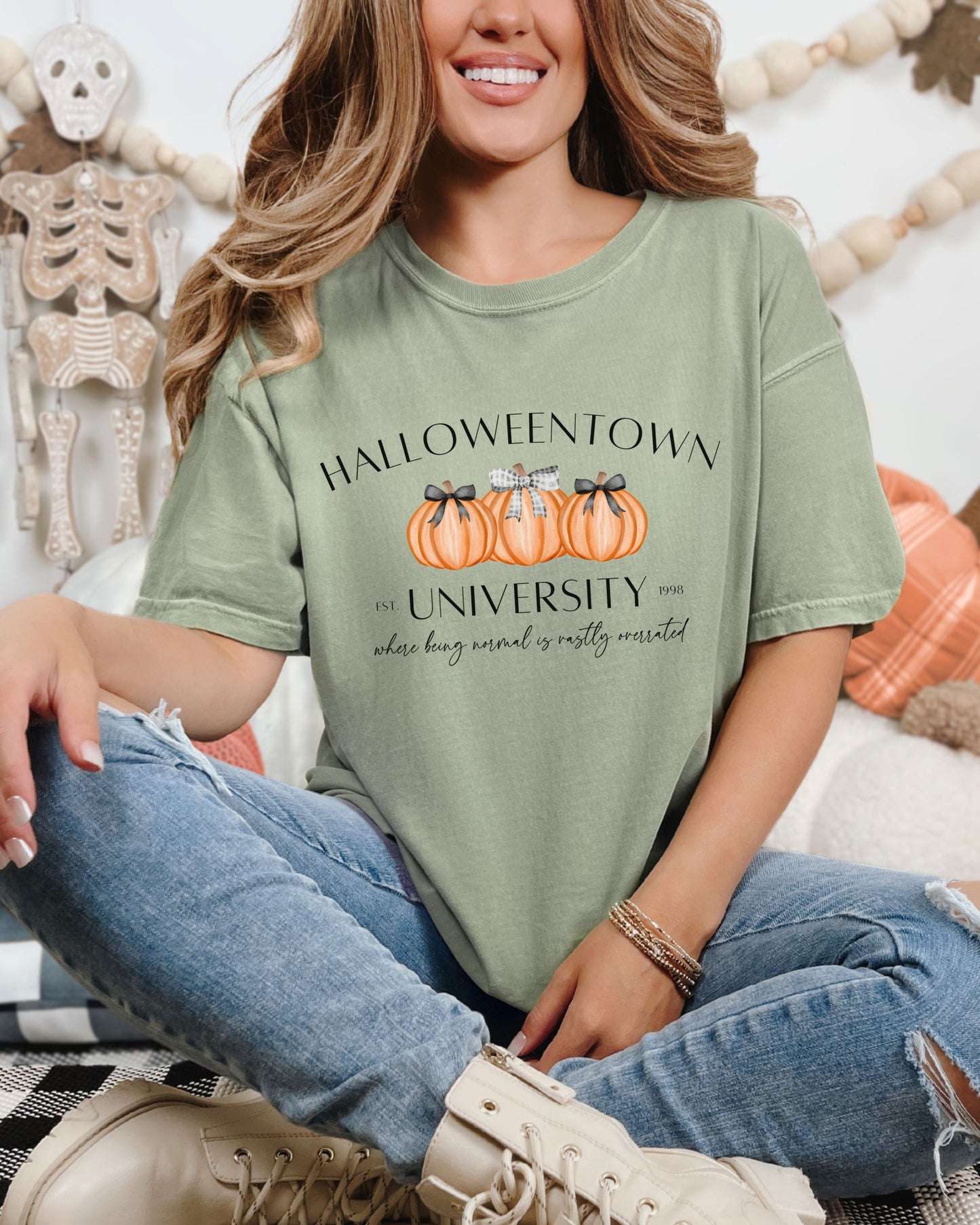 Halloweentown University T-Shirt – Comfort Colors Tee with Coquette Pumpkins