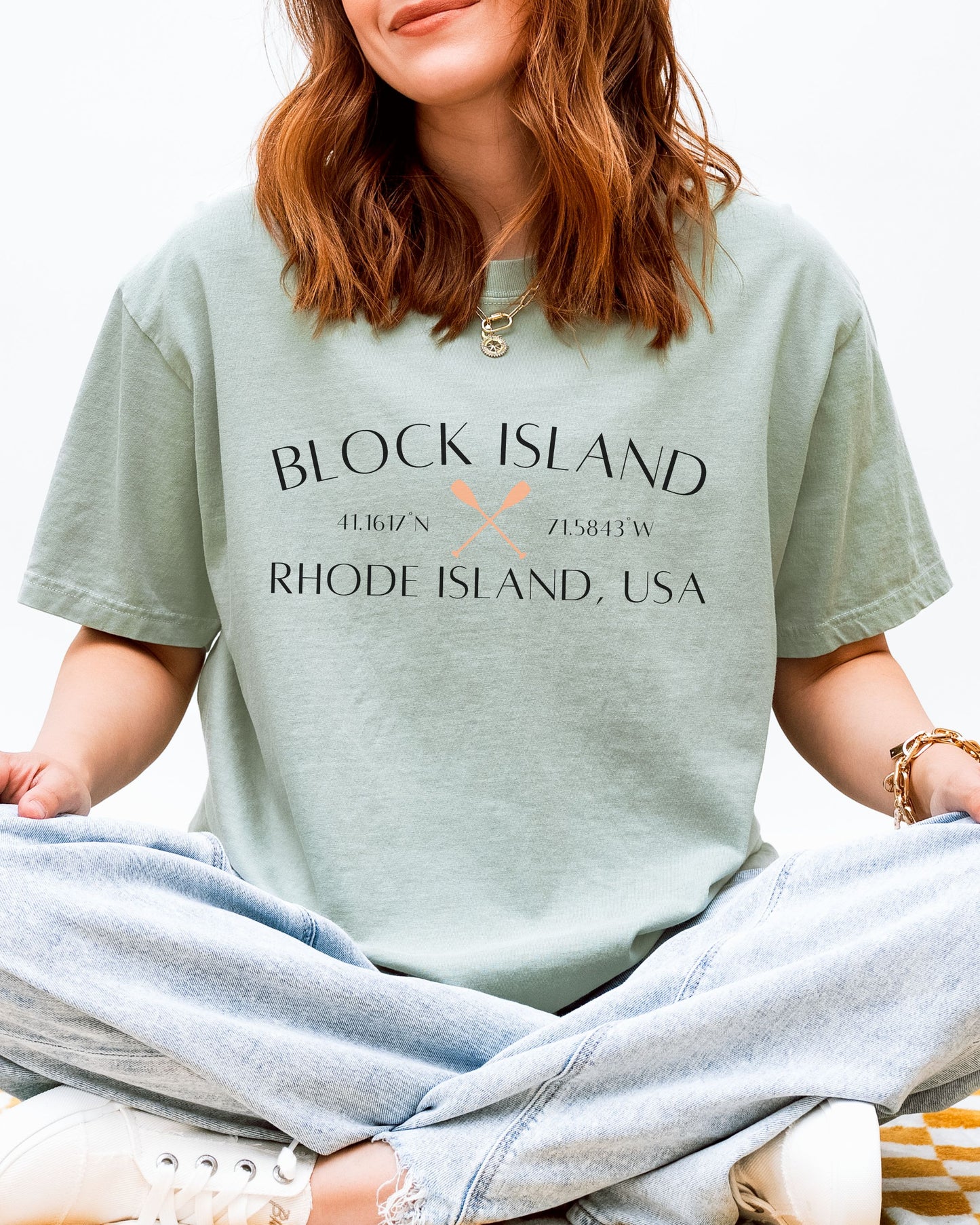 Block Island Rhode Island T-Shirt – Comfort Colors Nautical Tee with Crossed Paddles & Coordinates