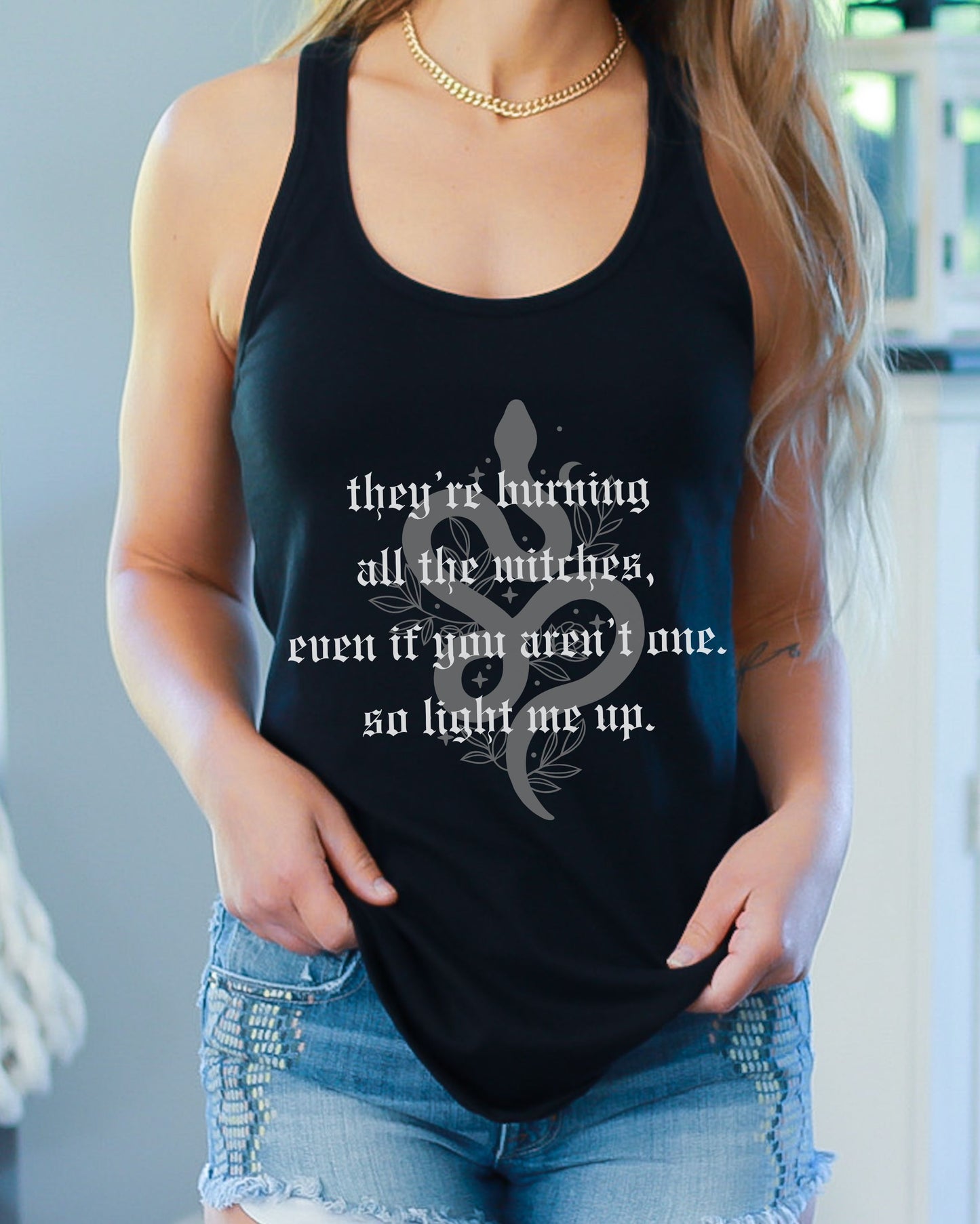 Witchy Vibes Slim Fit Racerback Tank Top – Next Level Gothic Celestial Snake Tank