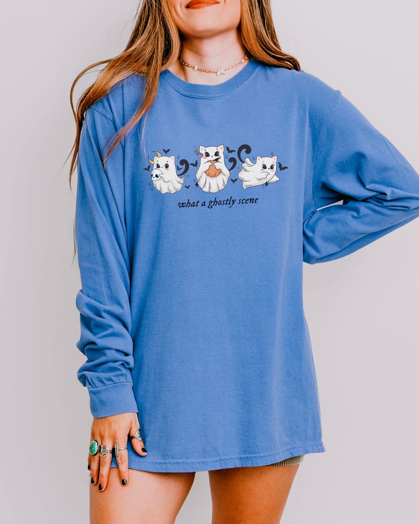 What a Ghostly Scene Long Sleeve Shirt – Comfort Colors with Cute Ghost Cats