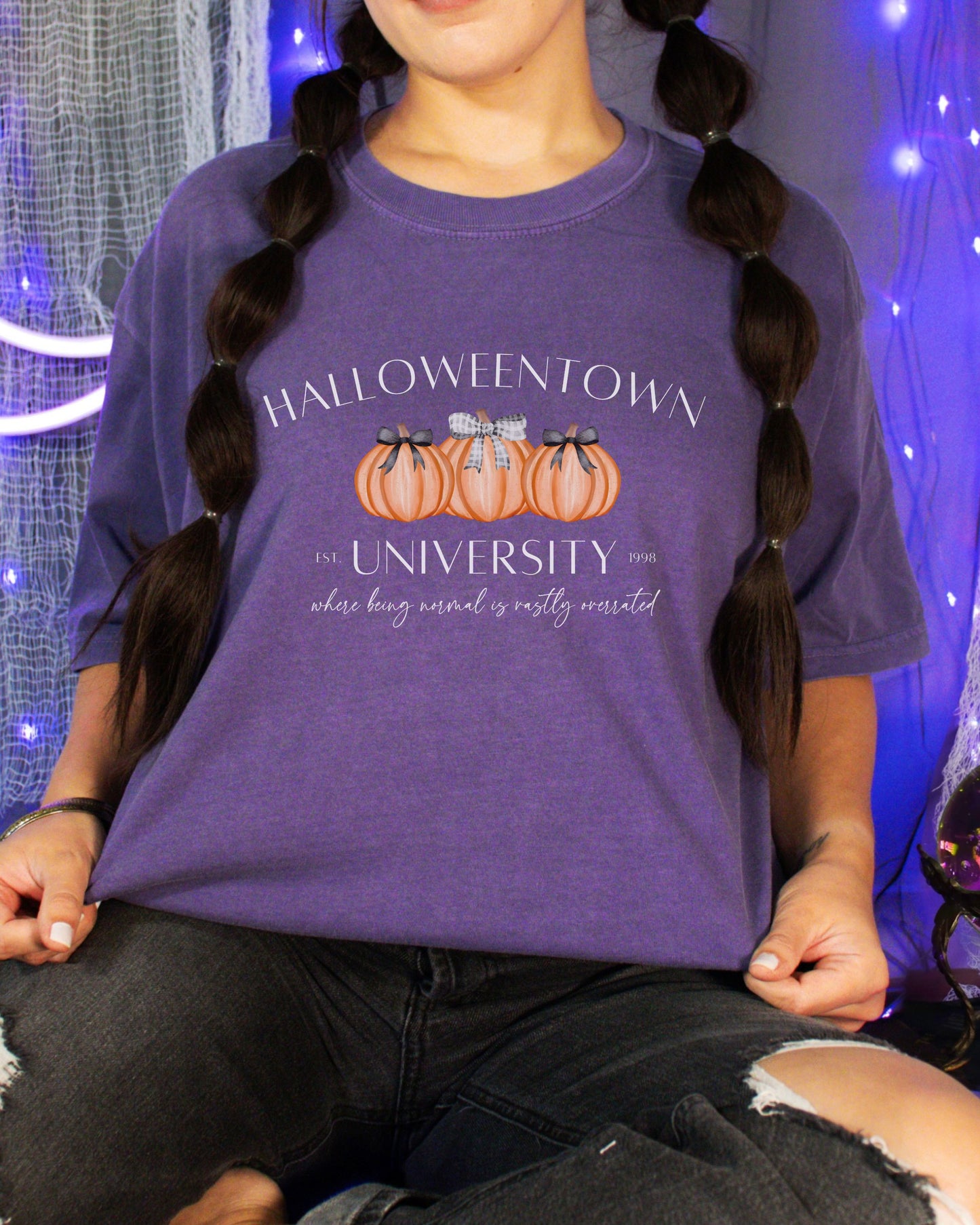 Halloweentown University T-Shirt – Comfort Colors Tee with Coquette Pumpkins