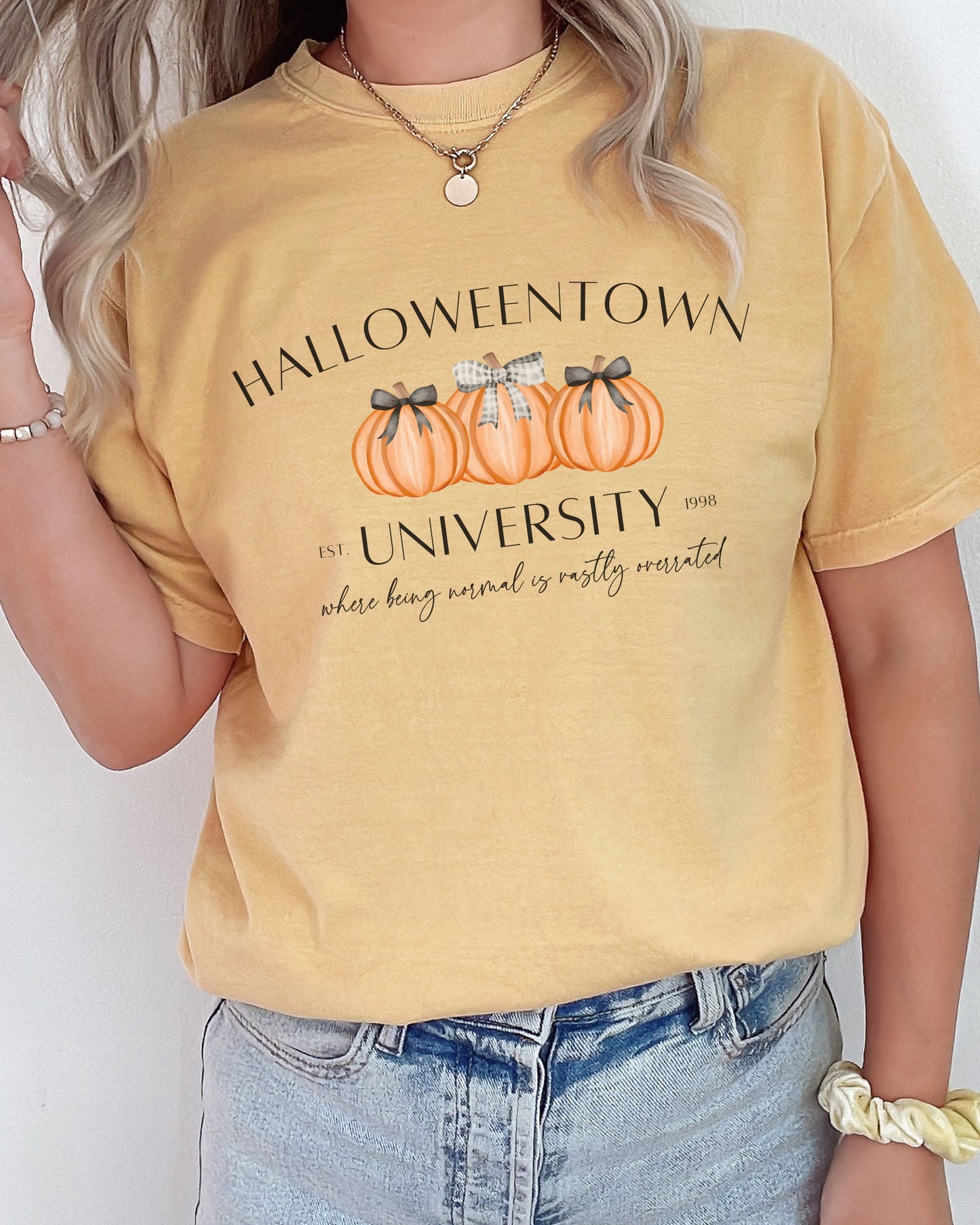 Halloweentown University T-Shirt – Comfort Colors Tee with Coquette Pumpkins