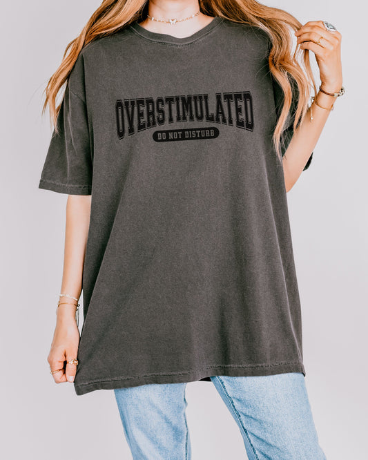 Person wearing a gray t-shirt with 'OVERSTIMULATED DO NOT DISTURB' text on a plain background