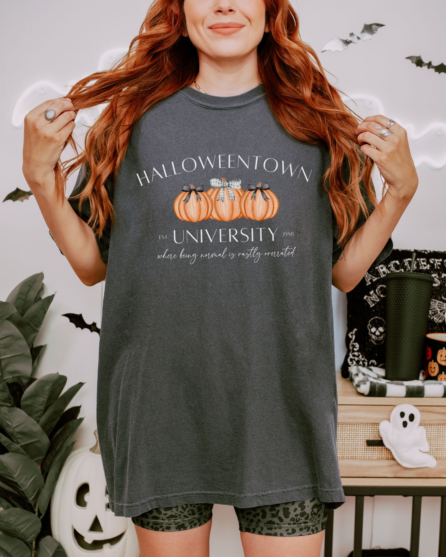Halloweentown University T-Shirt – Comfort Colors Tee with Coquette Pumpkins
