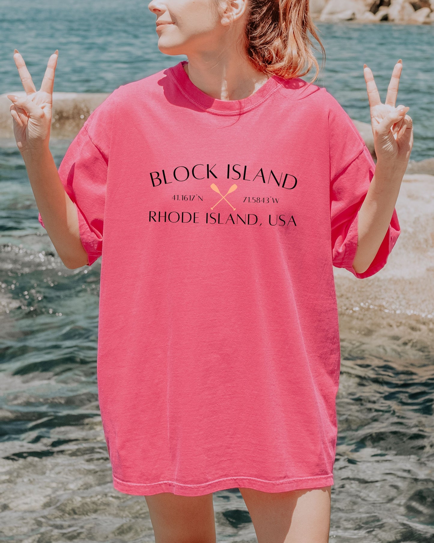 Block Island Rhode Island T-Shirt – Comfort Colors Nautical Tee with Crossed Paddles & Coordinates