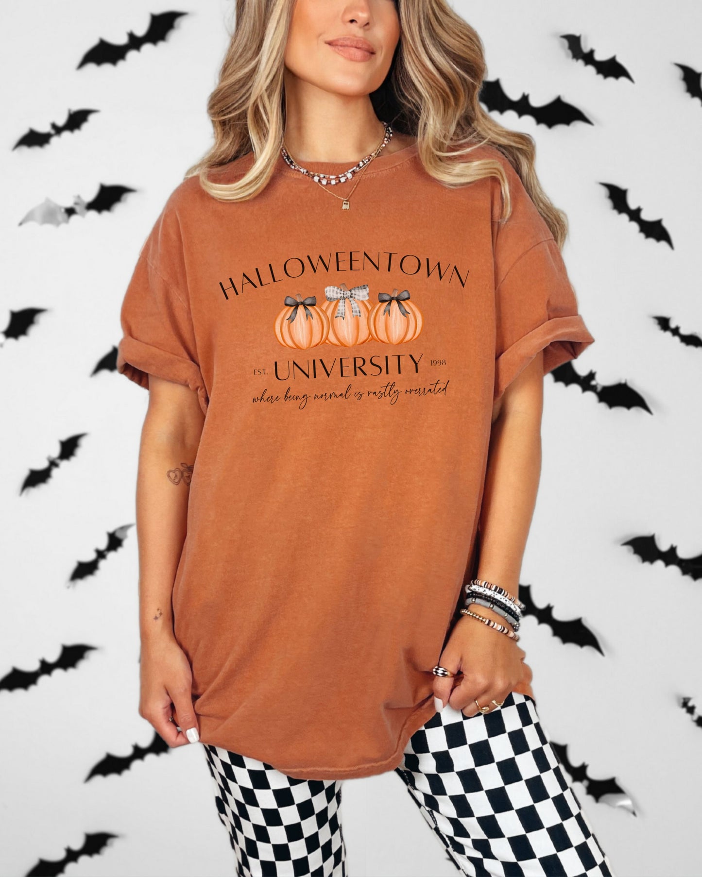 Halloweentown University T-Shirt – Comfort Colors Tee with Coquette Pumpkins